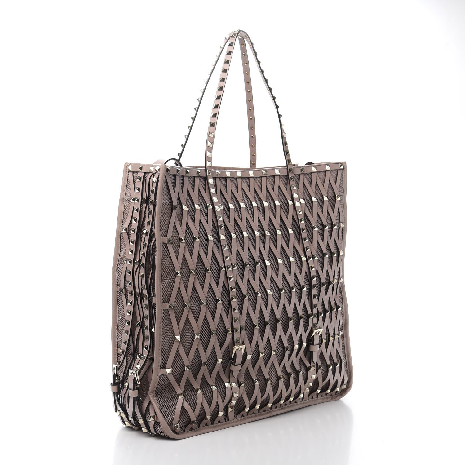 Valentino Garavani Vitello Lattice Mesh Rockstud Shopper Tote Poudre 3 of 11