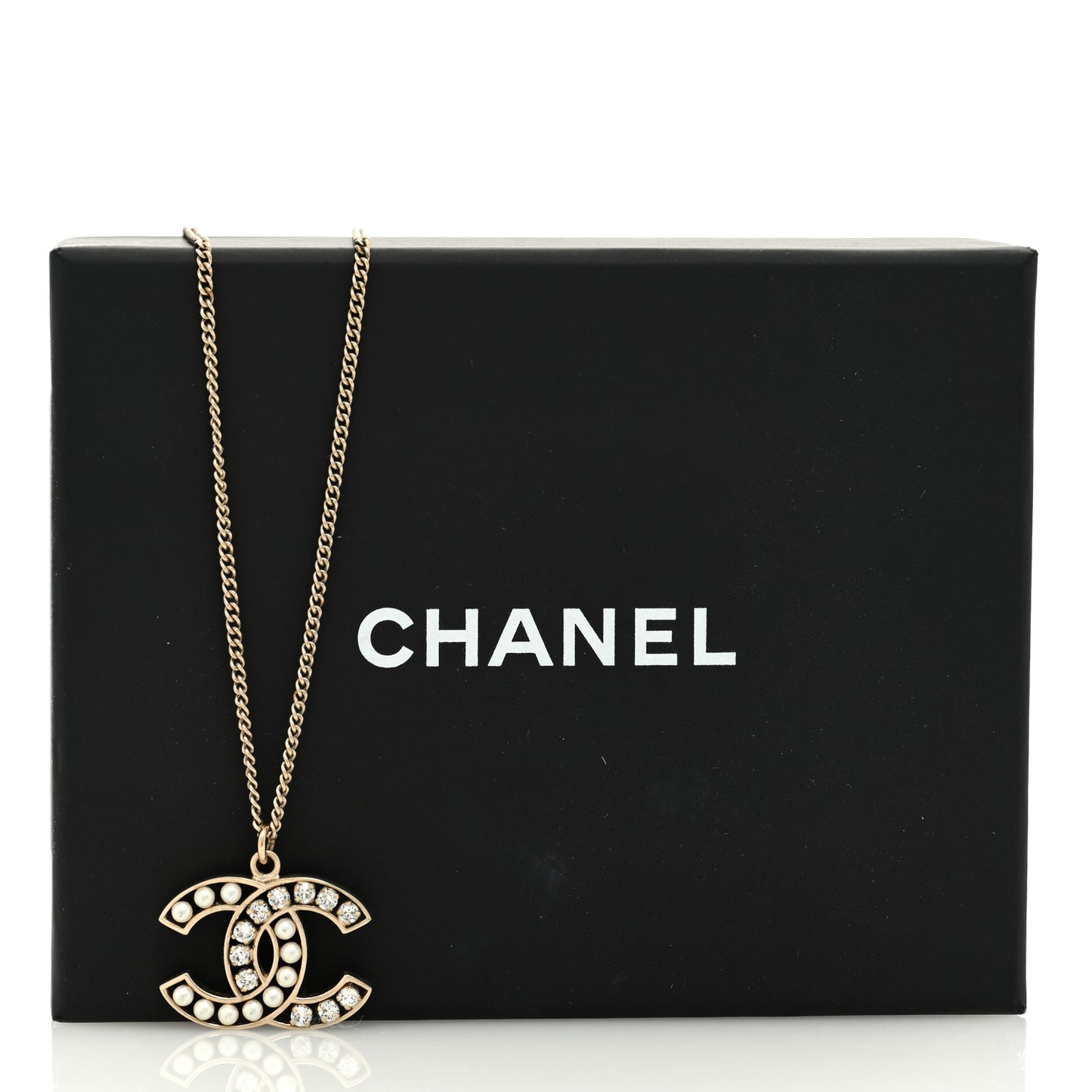 Crystal Pearl CC Pendant Necklace Gold