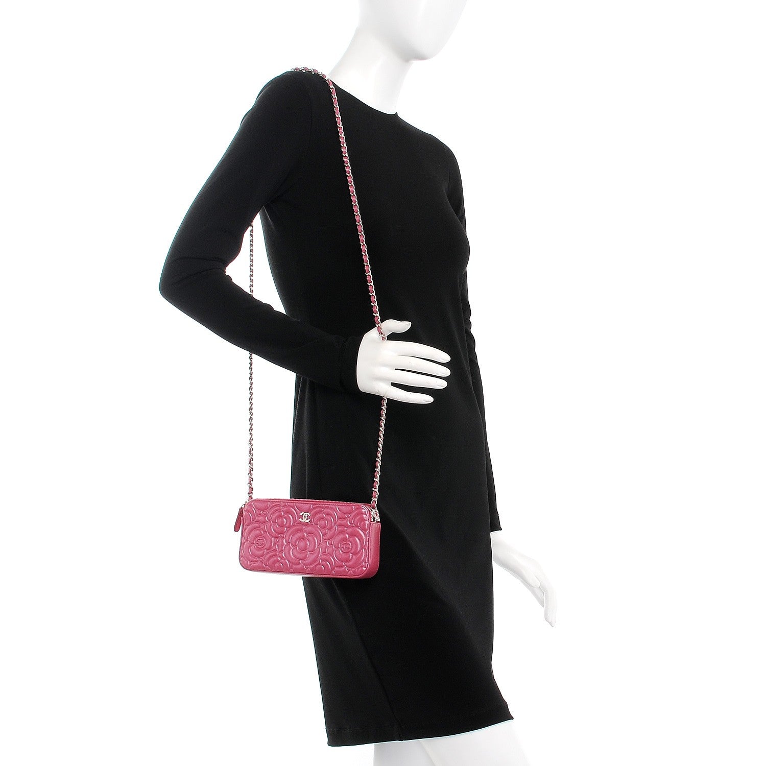 Chanel Lambskin Camellia Embossed Small Clutch With Chain Fuchsia 2 of 11
