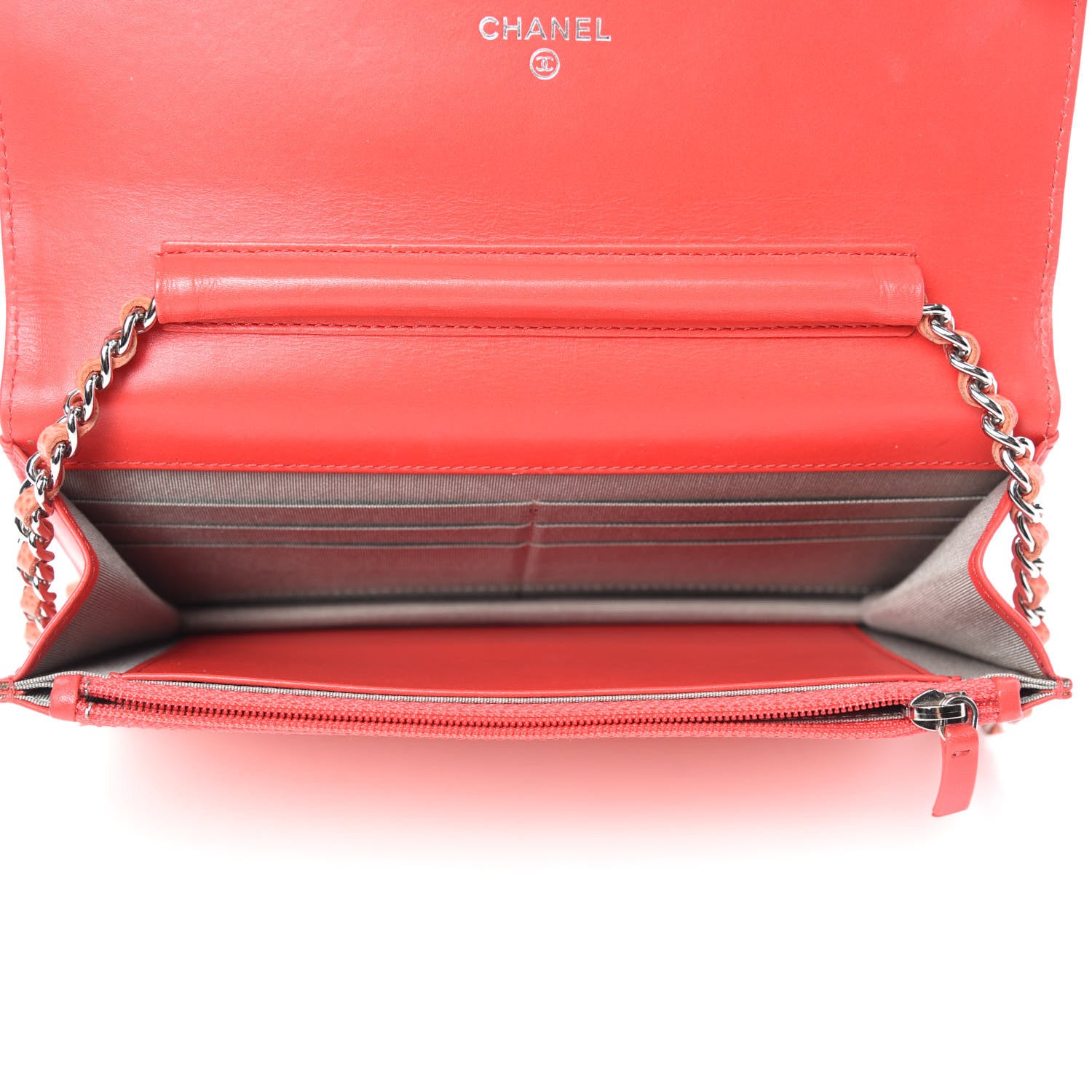 Chanel Caviar Timeless CC Wallet On Chain WOC Light Red 5 of 11