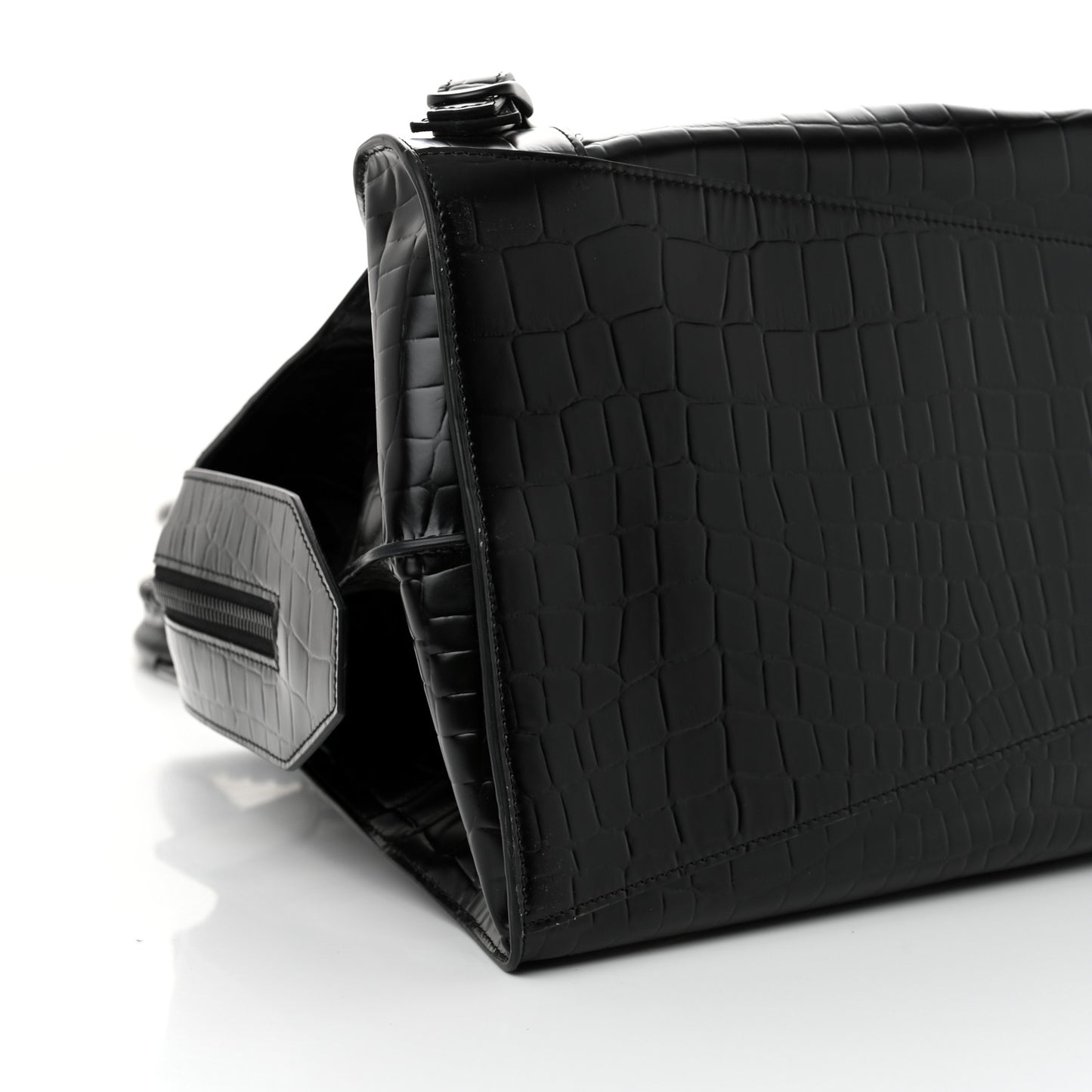 Semi Matte Calfskin Crocodile Embossed Neo Classic Black Hardware Large Top Handle Bag Black