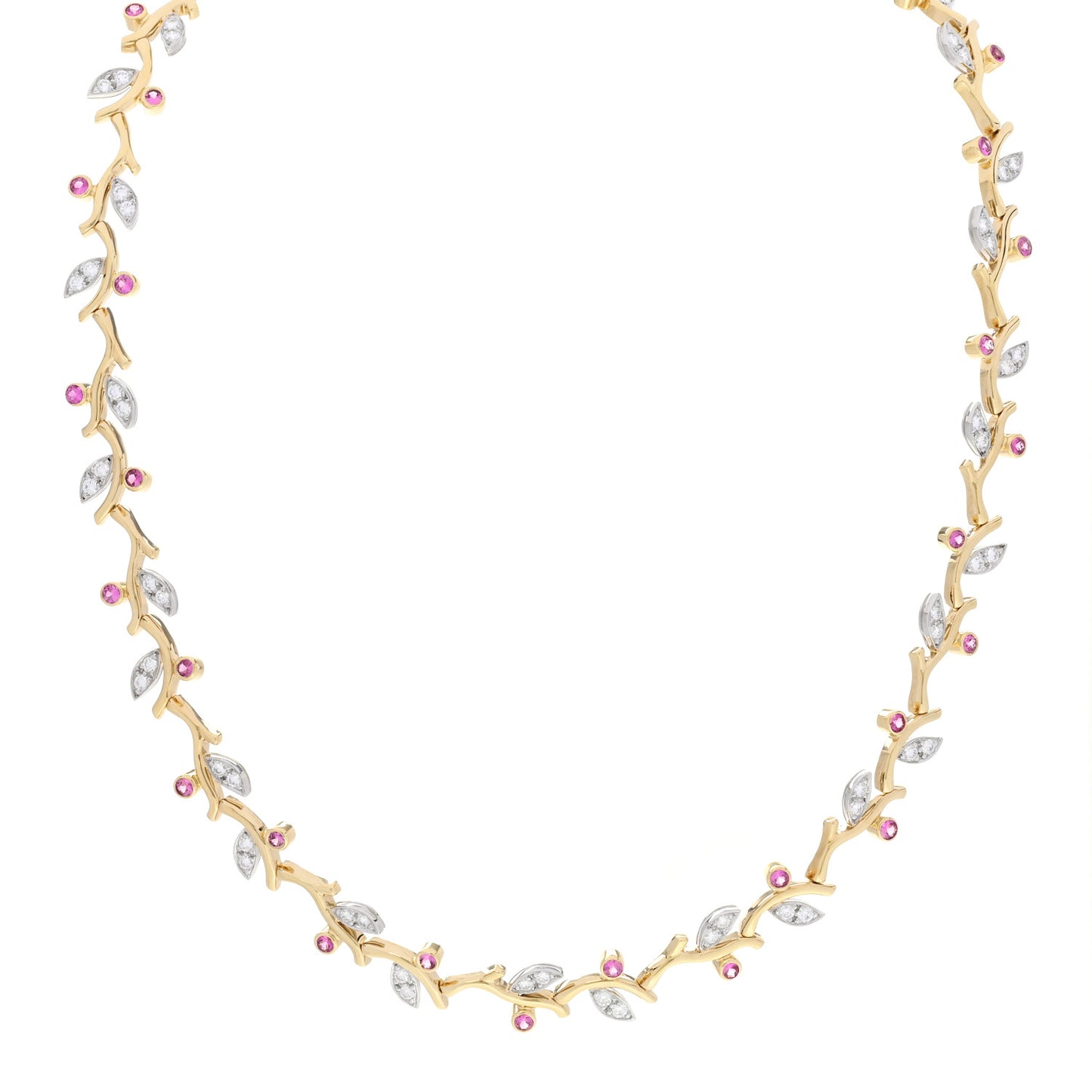 Platinum 18K Yellow Gold Diamond Pink Sapphire Vine Necklace