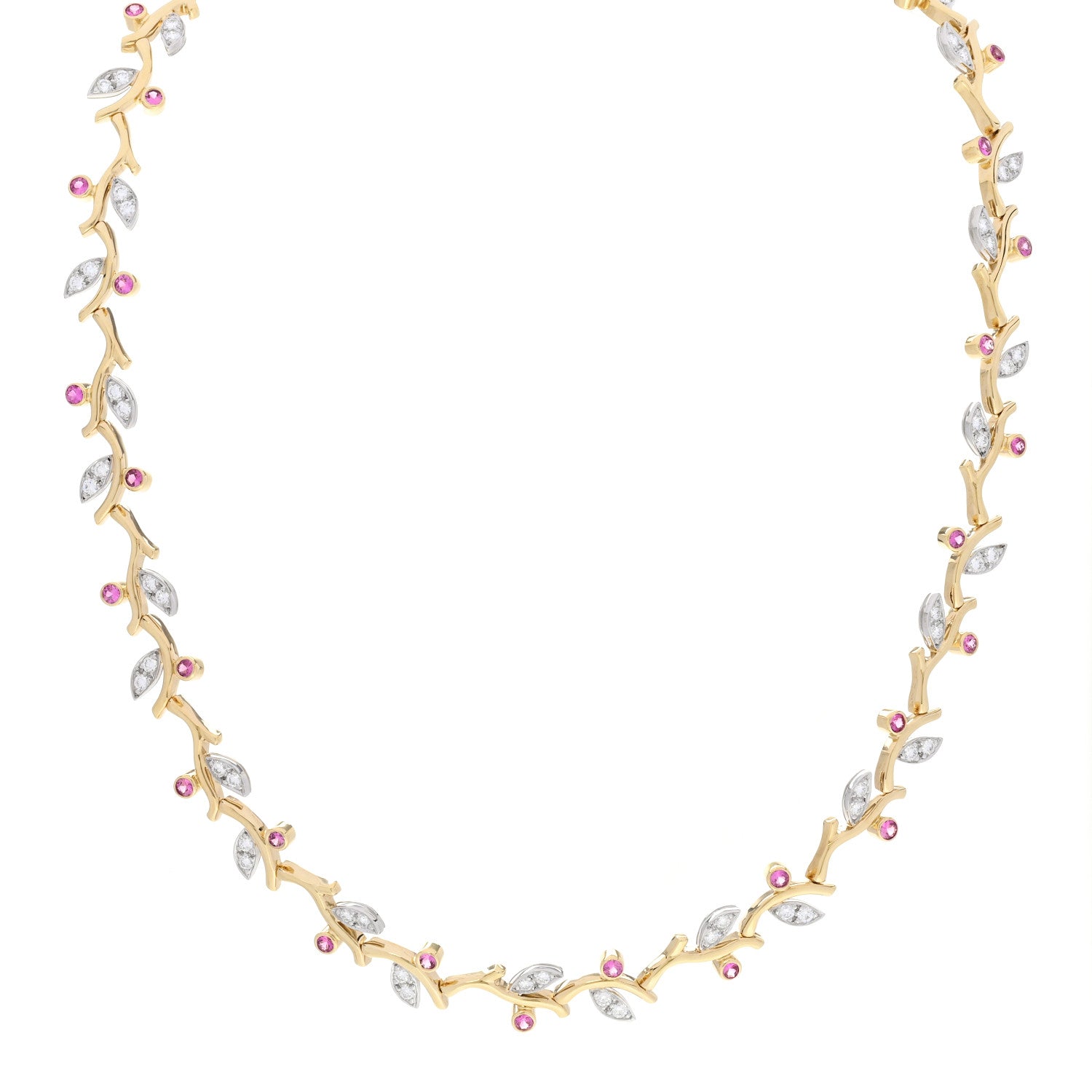 Tiffany Platinum 18K Yellow Gold Diamond Pink Sapphire Vine Necklace 1 of 5