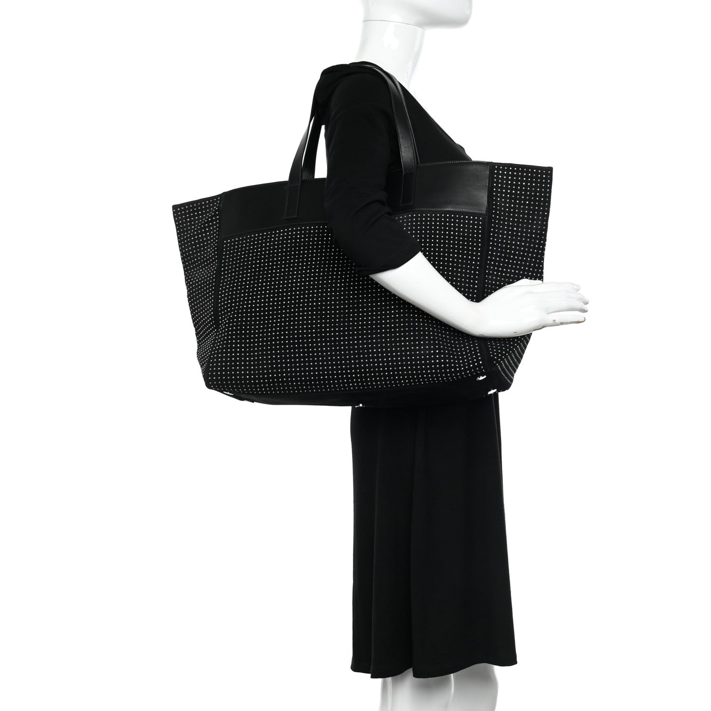 Calfskin Suede Studded Reversible East West Shopping Tote Black