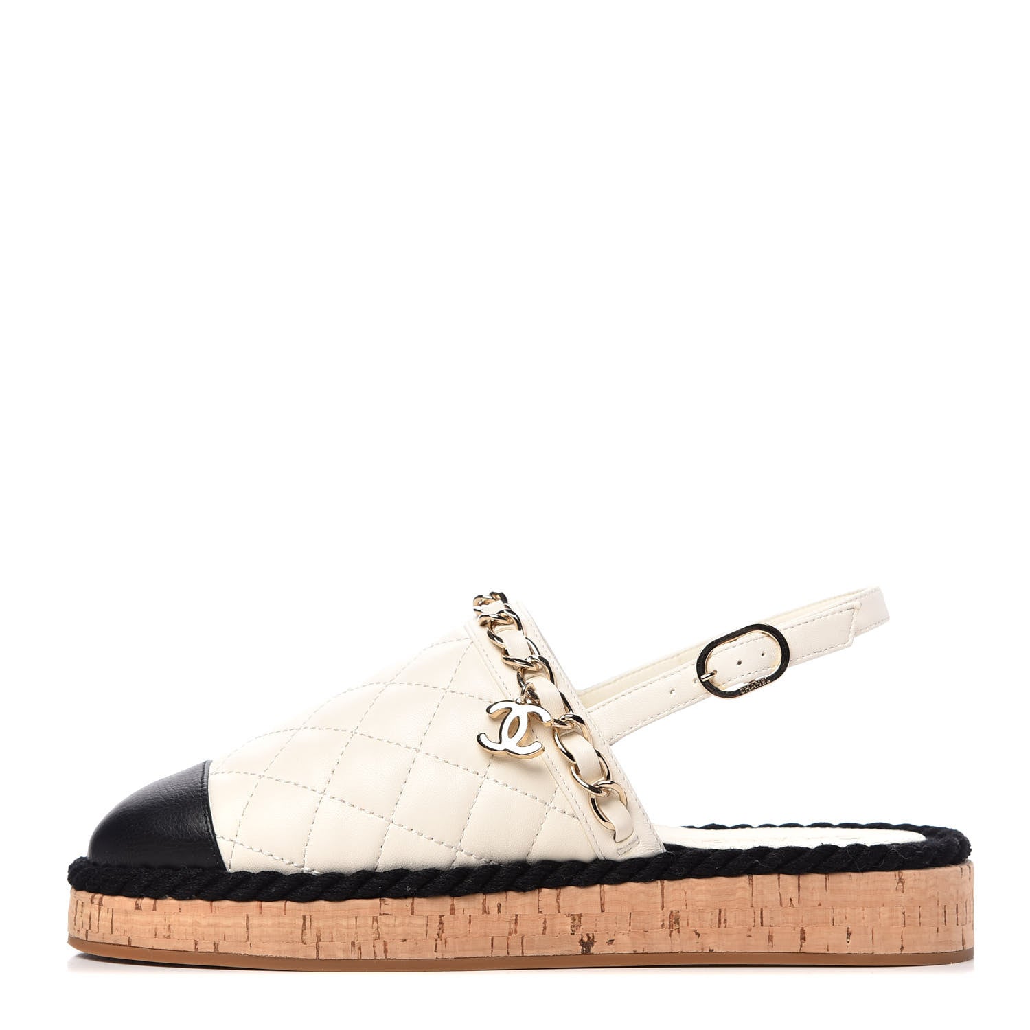 Chanel Lambskin Calfskin Cap Toe Chain Mules Sandals 36 Ivory Black 1 of 11