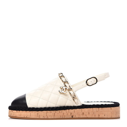 Chanel Lambskin Calfskin Cap Toe Chain Mules Sandals 36 Ivory Black 1 of 11