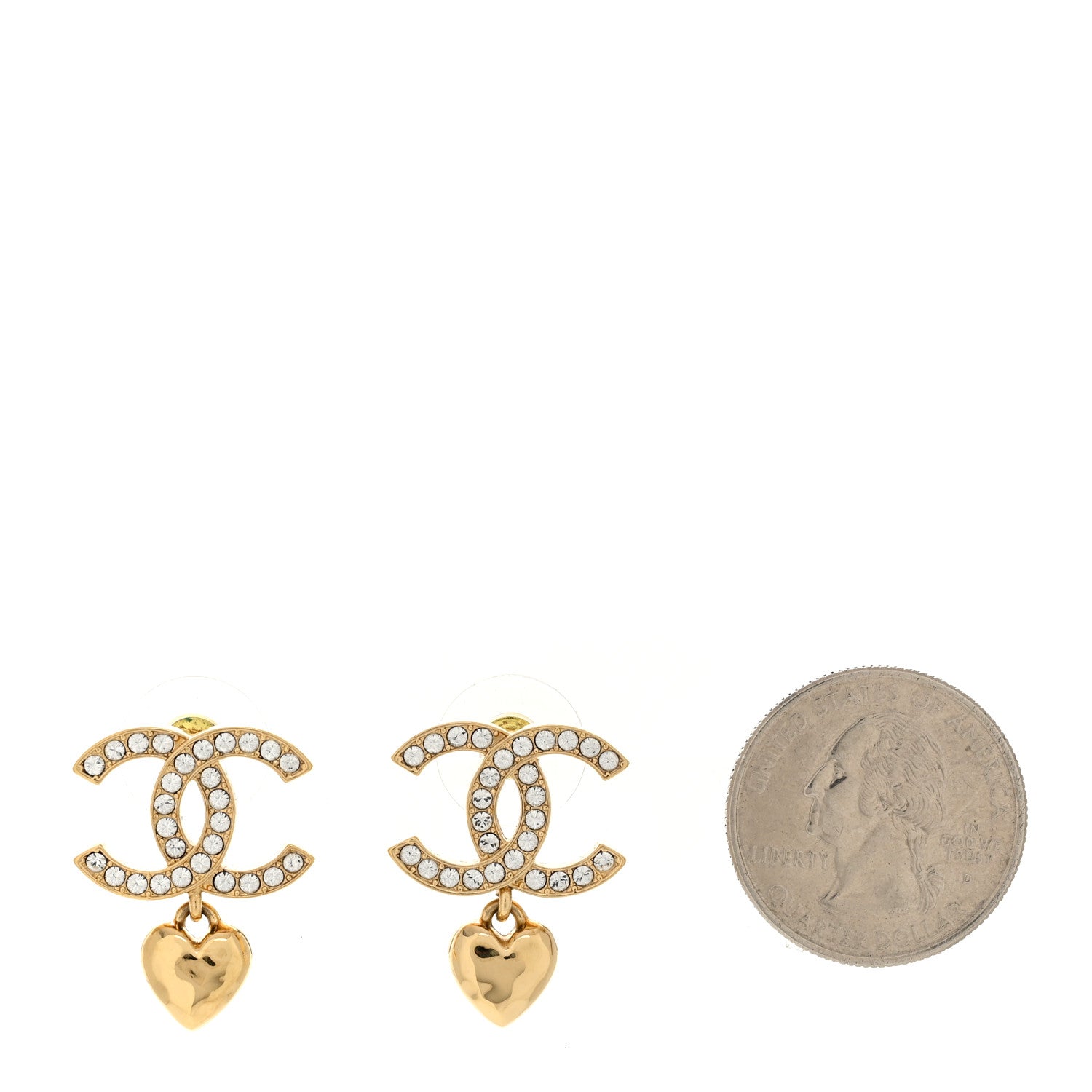 Chanel Metal Crystal CC Heart Drop Earrings Gold 2 of 5