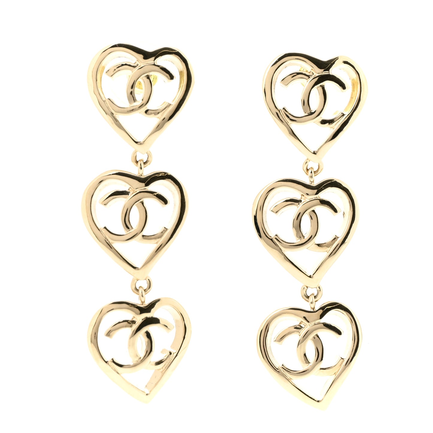 Metal CC Triple Heart Coco In Love Drop Earrings Gold