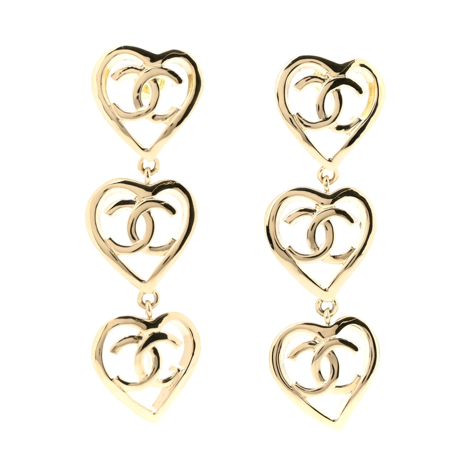 Chanel Metal CC Triple Heart Coco In Love Drop Earrings Gold 1 of 3