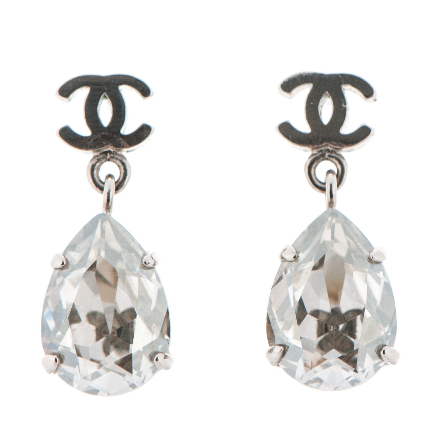 Chanel Crystal CC Drop Earrings Silver 1 of 3