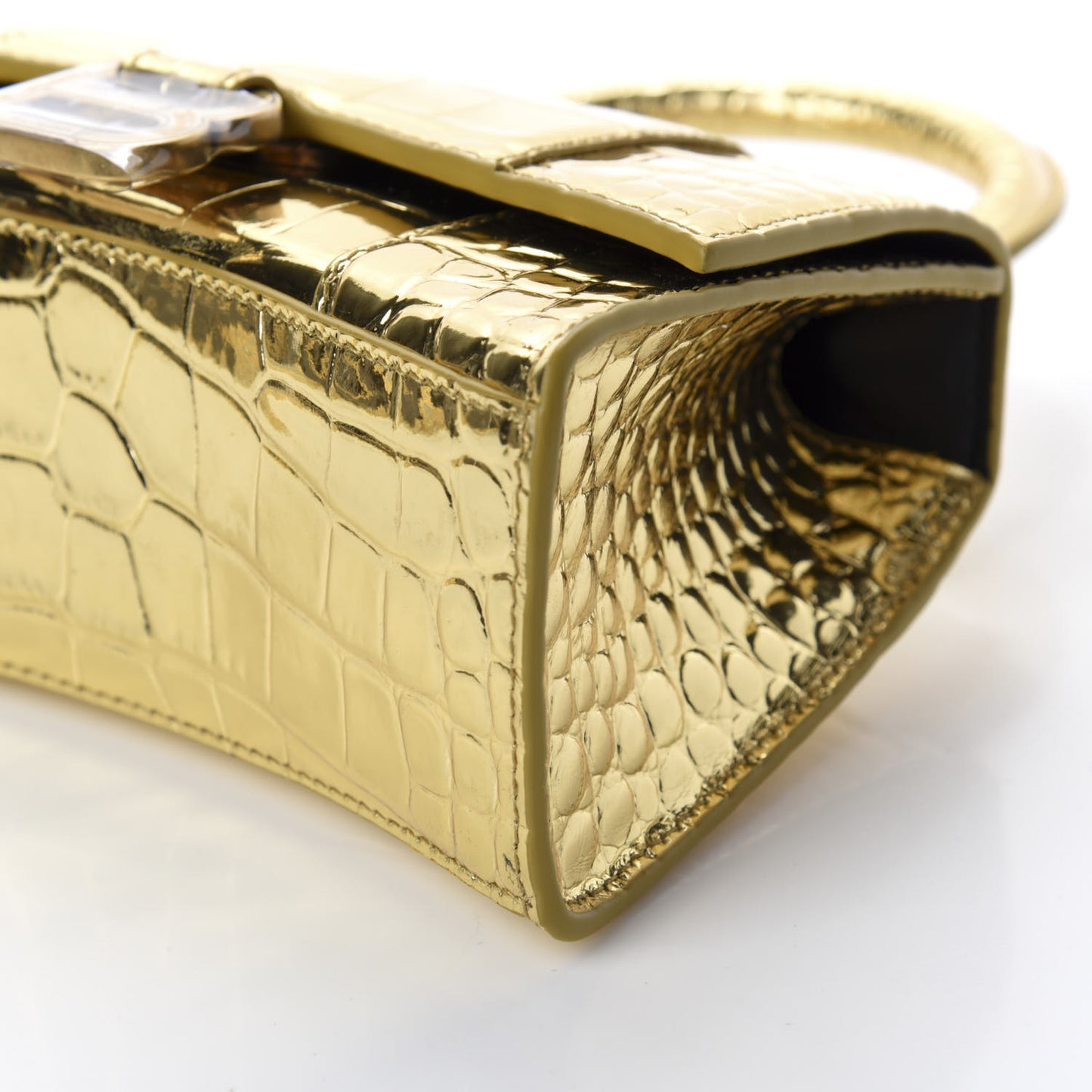 Metallic Calfskin Crocodile Embossed Hourglass Top Handle Bag XS Gold