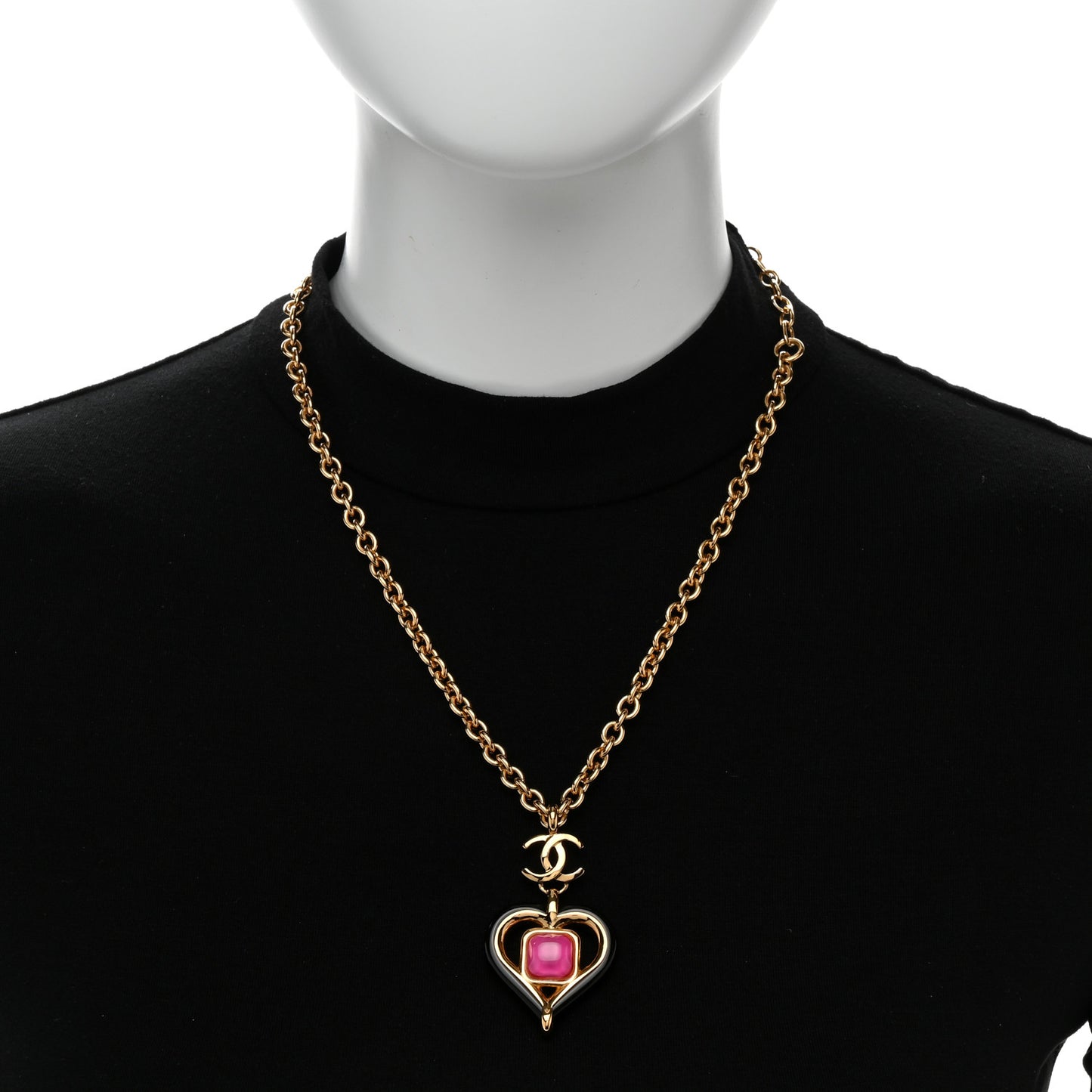 Resin Crystal Heart CC Pendant Necklace Gold Pink Black