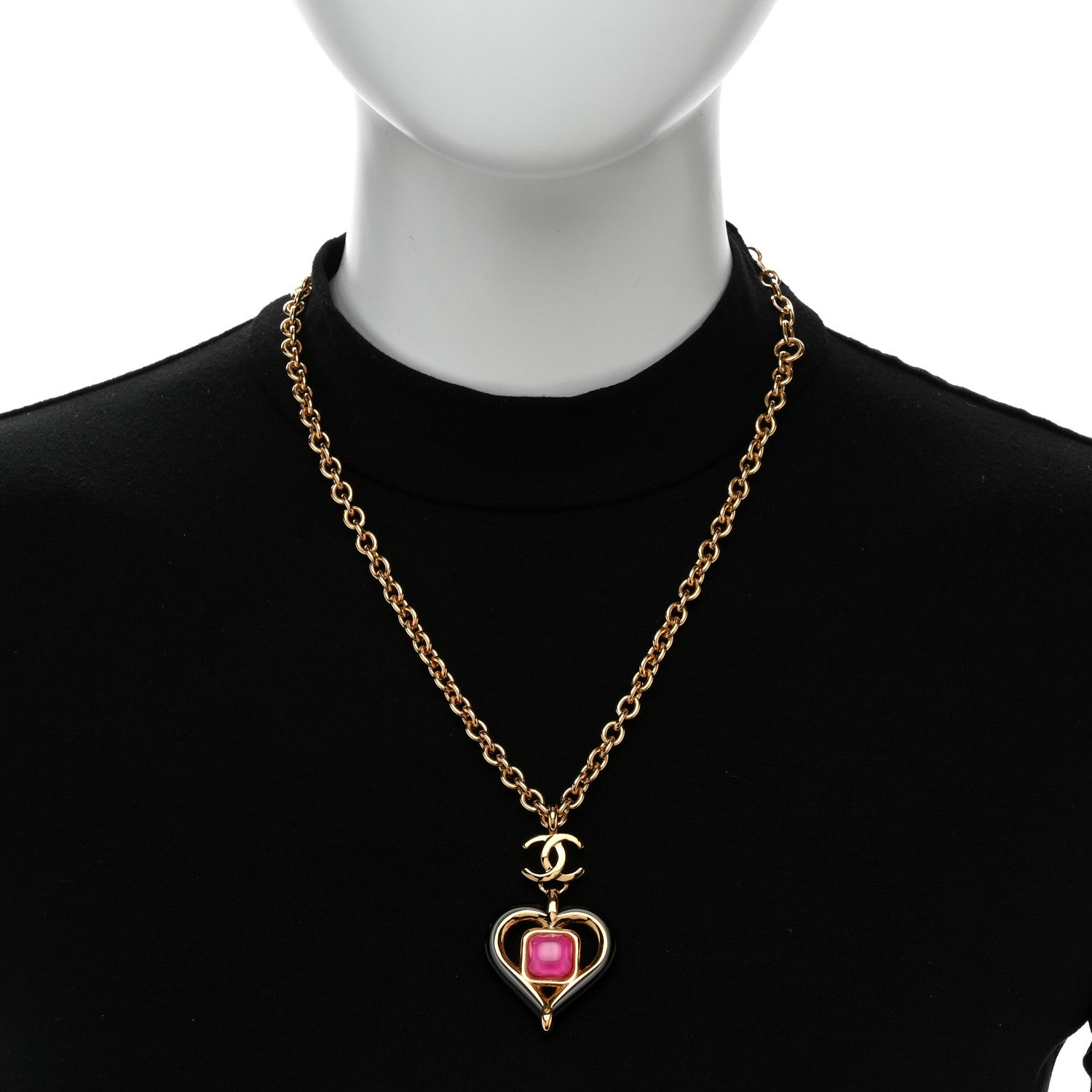 Chanel Resin Crystal Heart CC Pendant Necklace Gold Pink Black 2 of 6