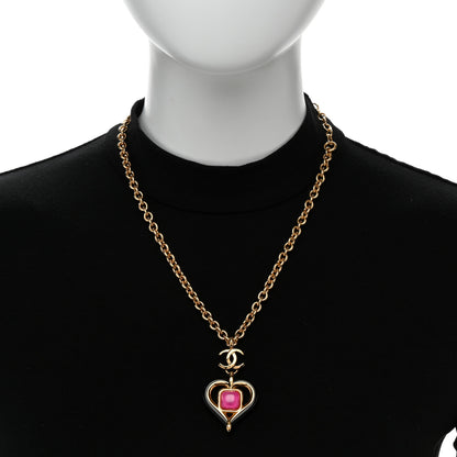 Chanel Resin Crystal Heart CC Pendant Necklace Gold Pink Black 2 of 6