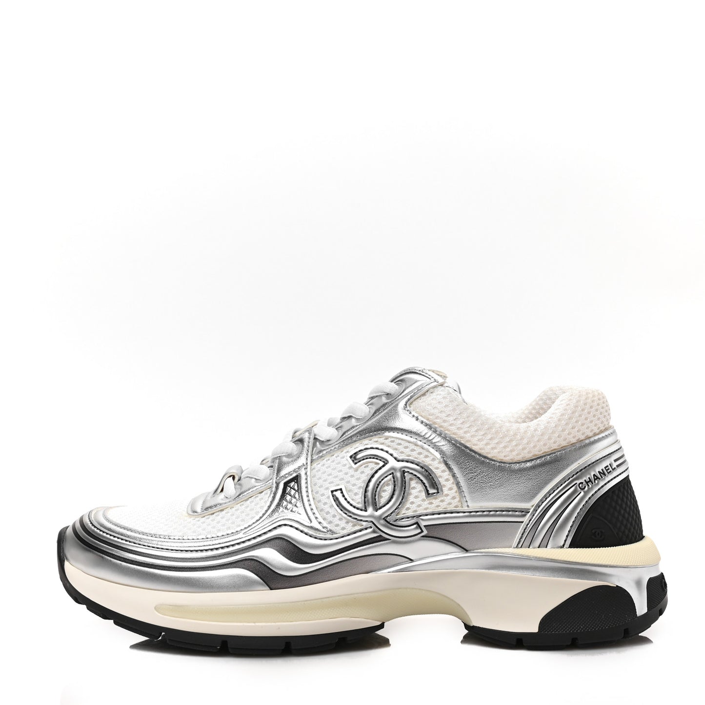 Fabric Laminated Calfskin Stretch CC Womens Sneakers 38 White Silver