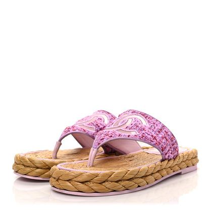 Chanel Tweed CC Thong Sandals 38 Light Purple Pink Red 3 of 9