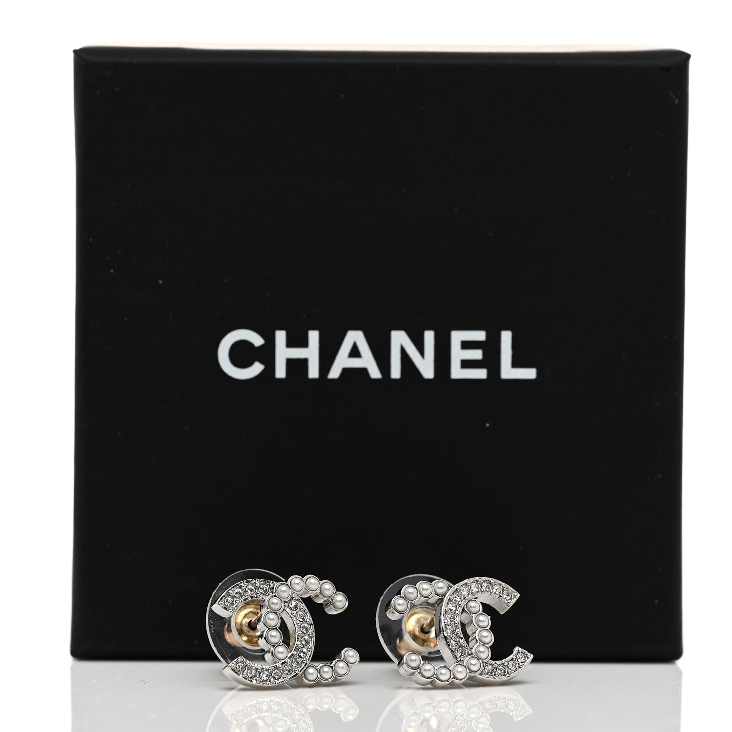 Chanel Pearl Crystal CC Earrings Silver Pearly White 5 of 5