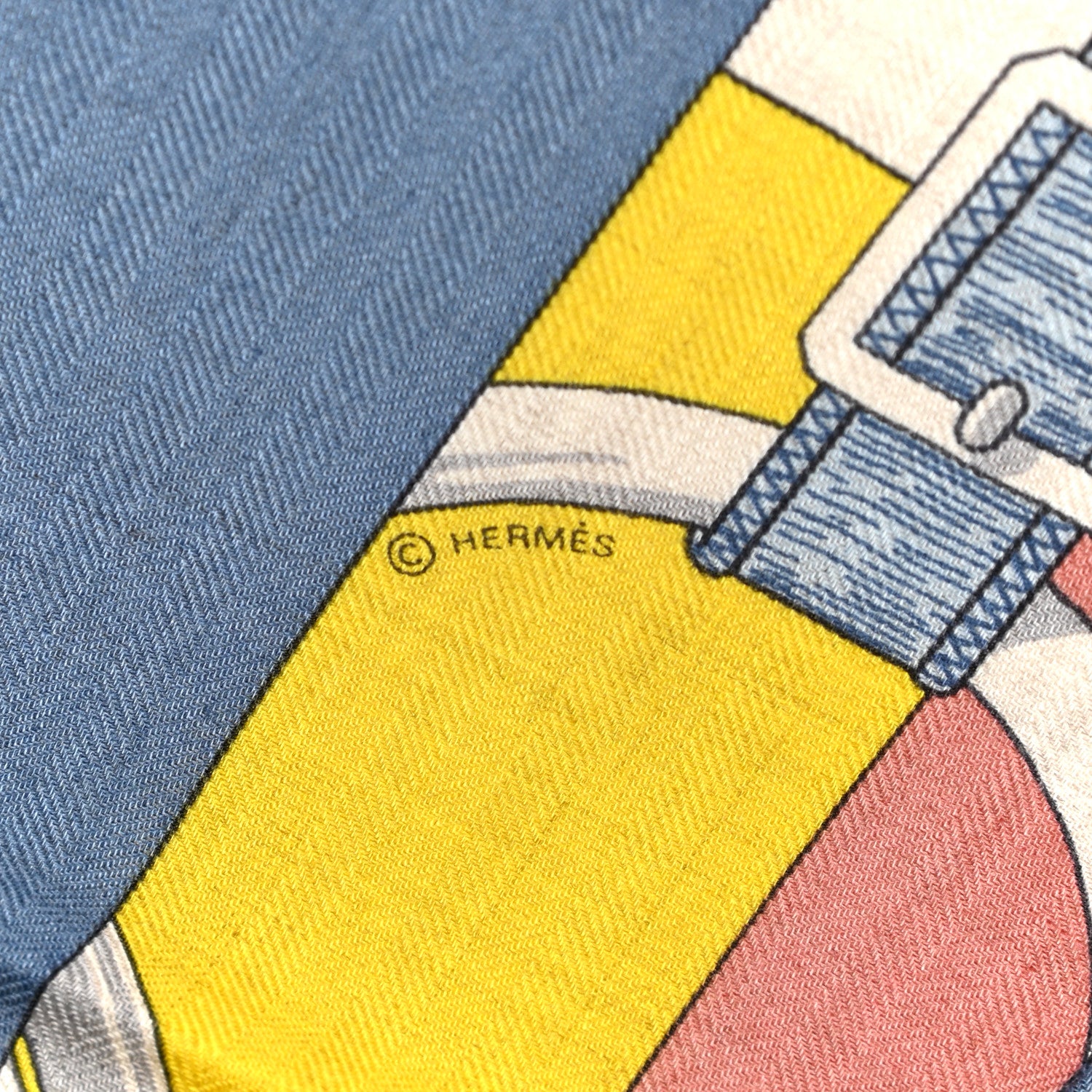 Hermes Cashmere Silk Encadre Eperon d'Or Scarf 90 Bleu Jean Jaune 3 of 4
