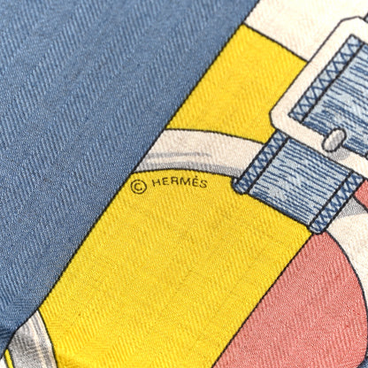 Hermes Cashmere Silk Encadre Eperon d'Or Scarf 90 Bleu Jean Jaune 3 of 4