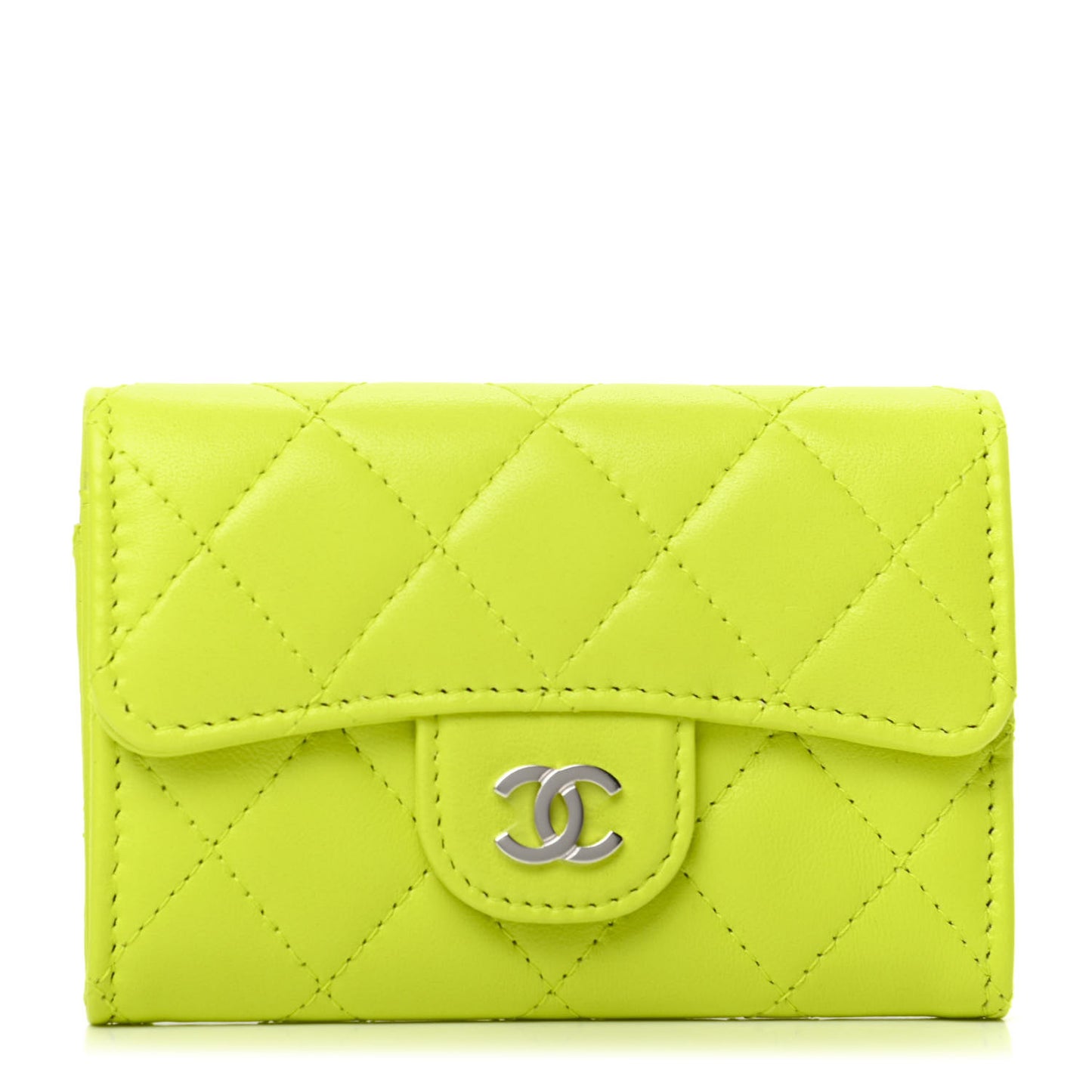Lambskin Quilted Flap Card Holder Wallet Yellow
