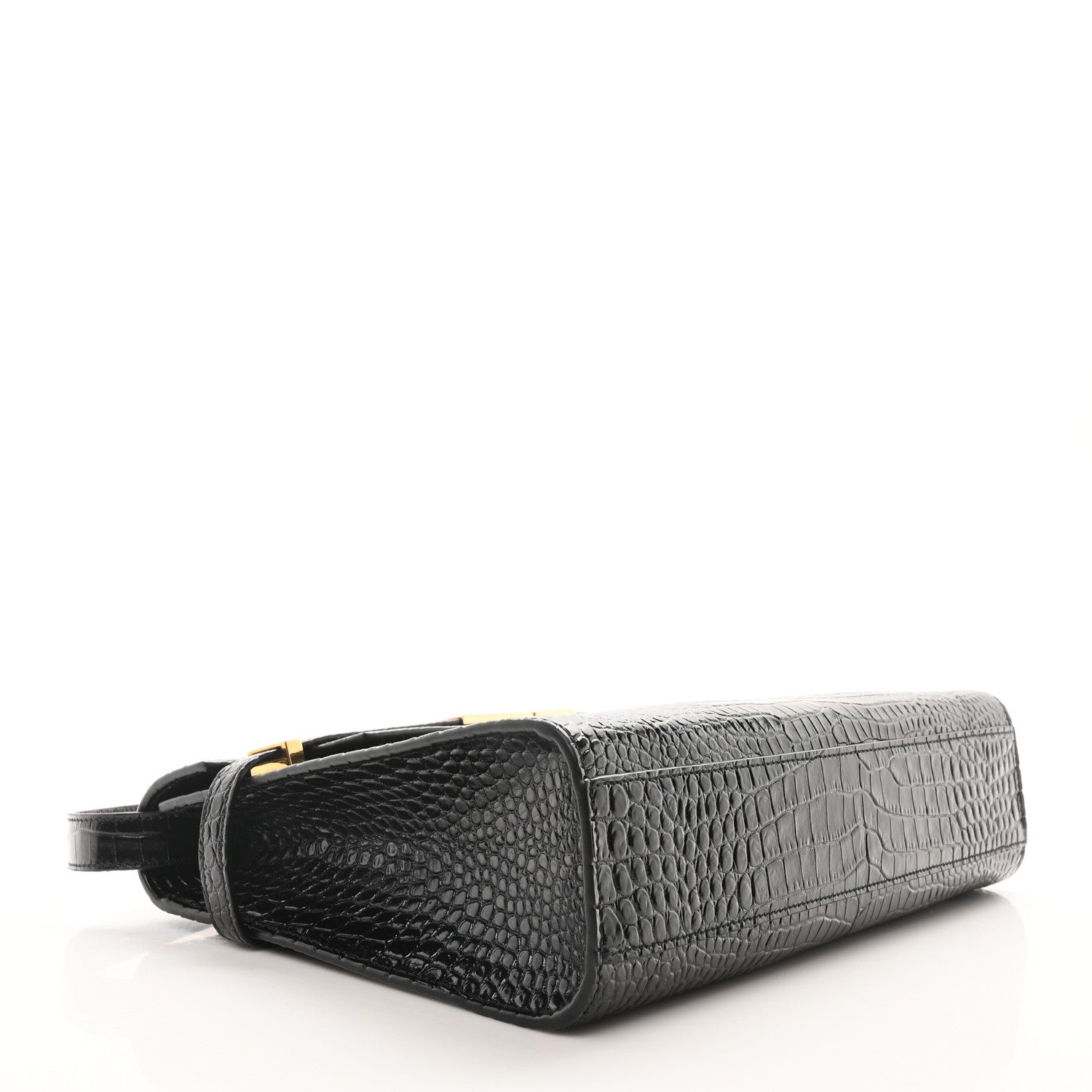 Saint Laurent Shiny Calfskin Crocodile Embossed Manhattan Baguette Black 4 of 10
