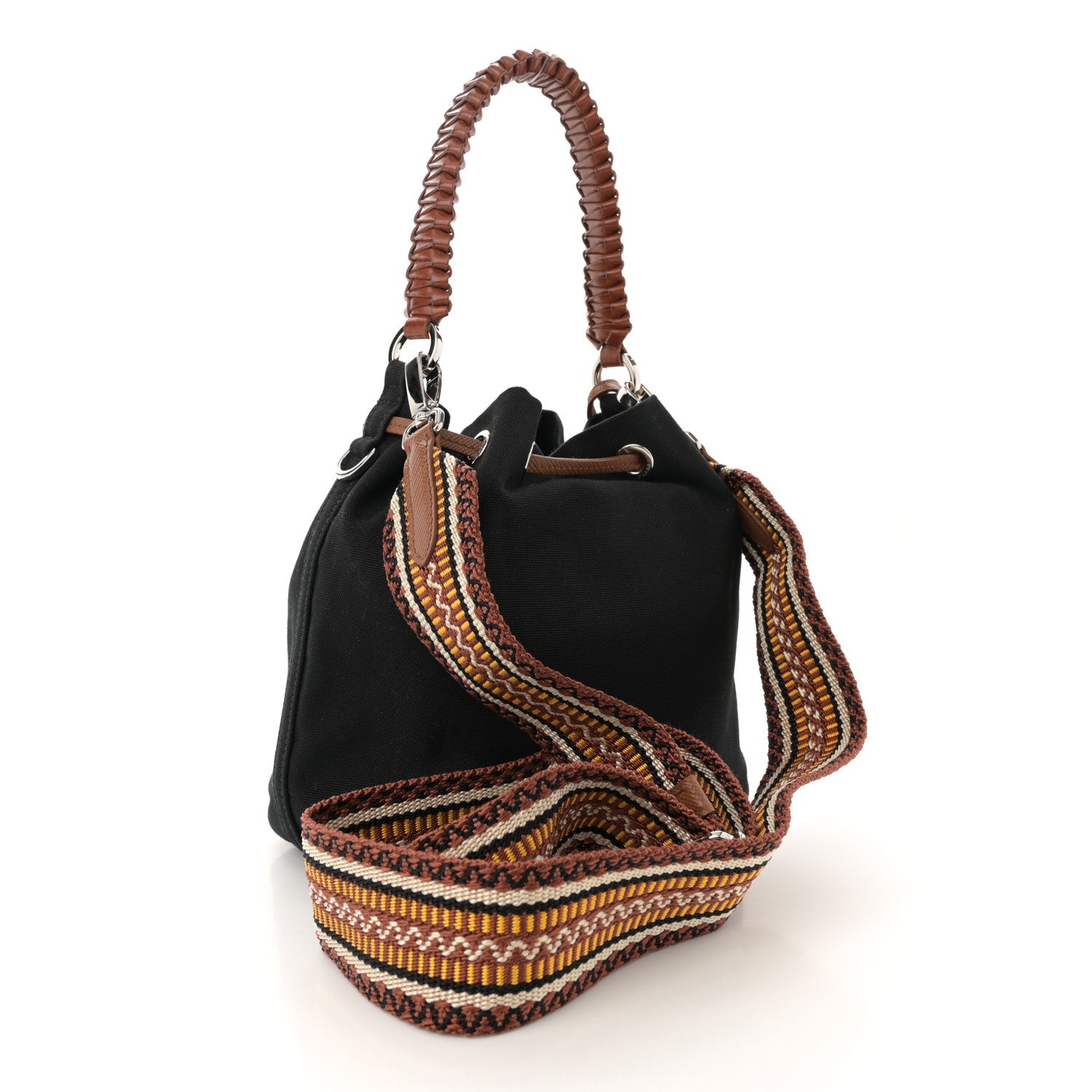 Prada Canapa Logo Bucket Bag Black Cognac 3 of 12
