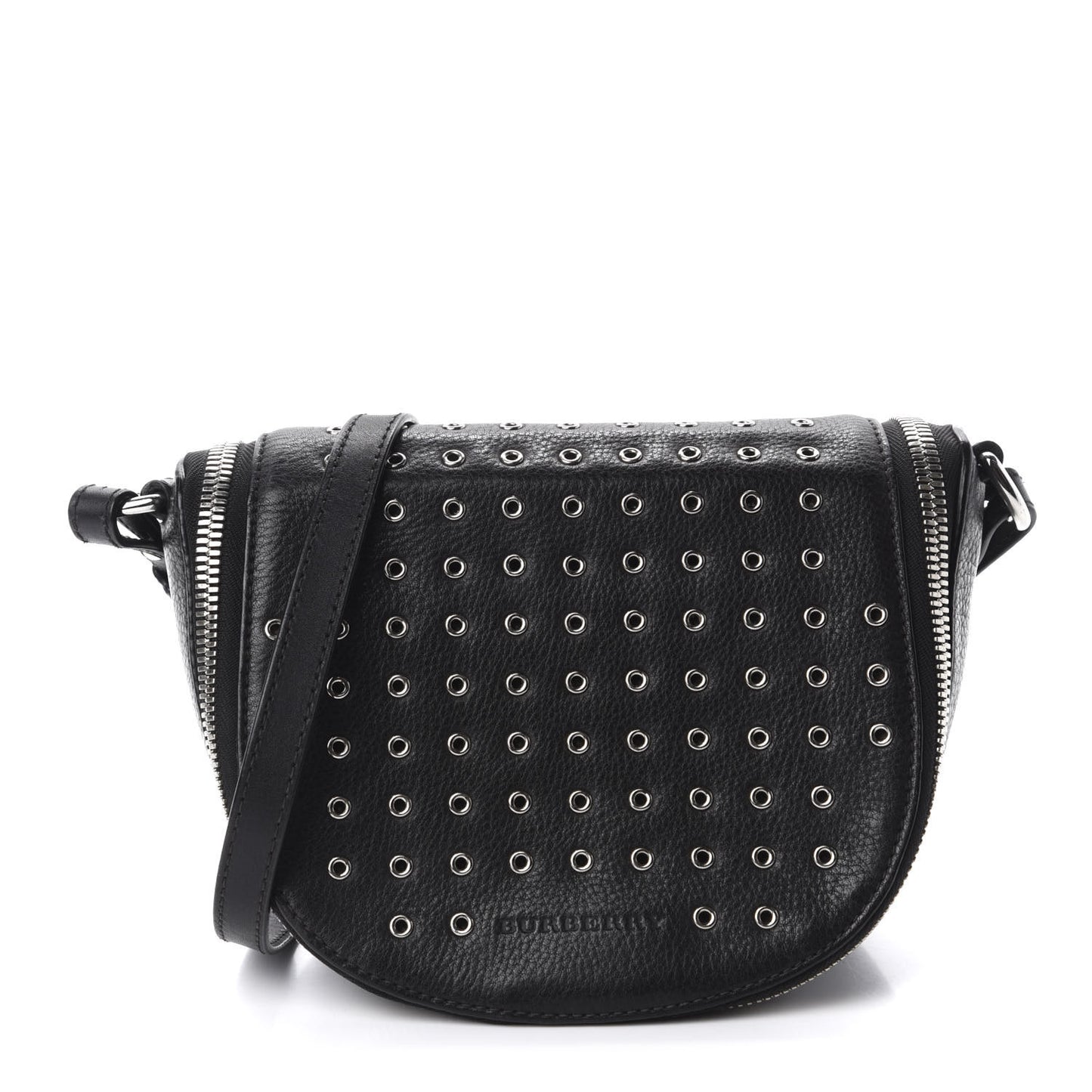 Grained Calfskin Eyelet Small Zip Crossbody Bag Black