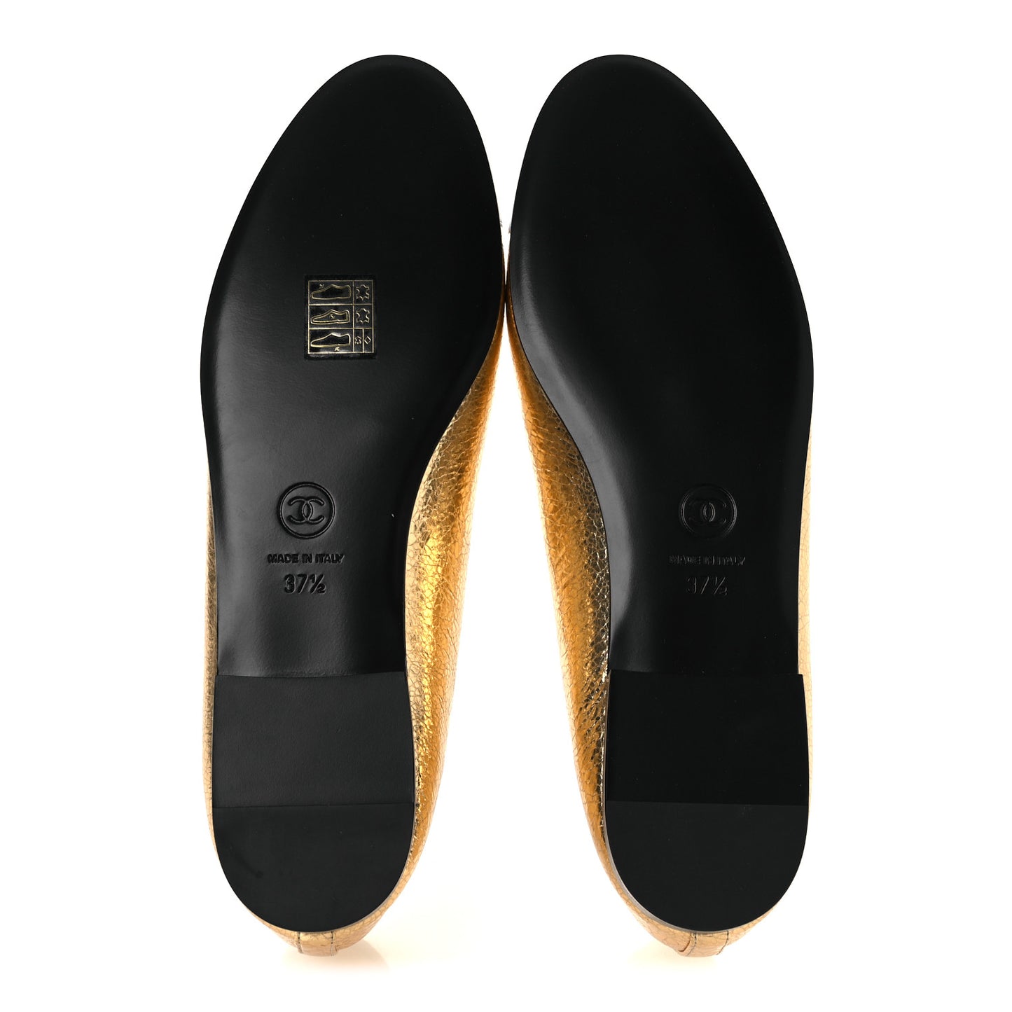 Metallic Crackled Laminated Calfskin CC Cap Toe Ballerina Flats 37.5 Gold Silver