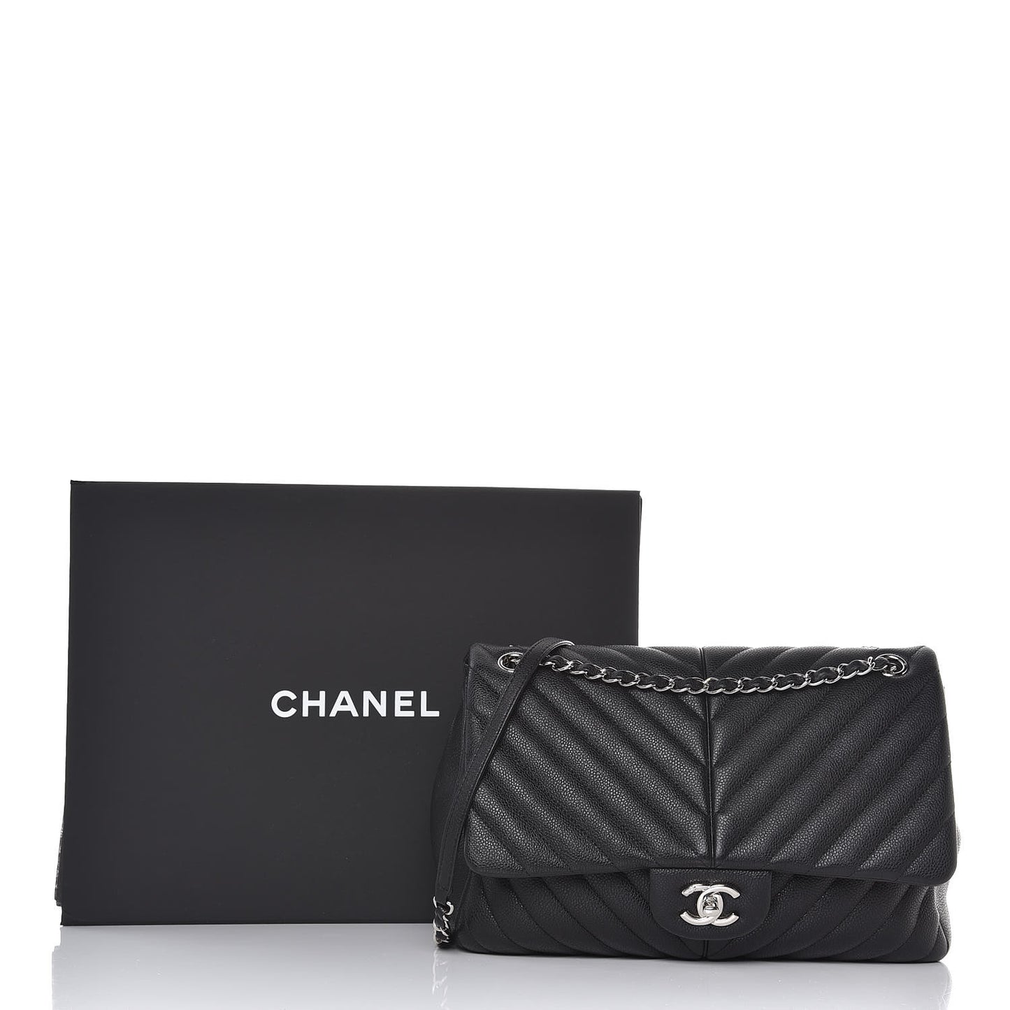 Caviar Chevron Quilted Large Puffy CC Flap Black