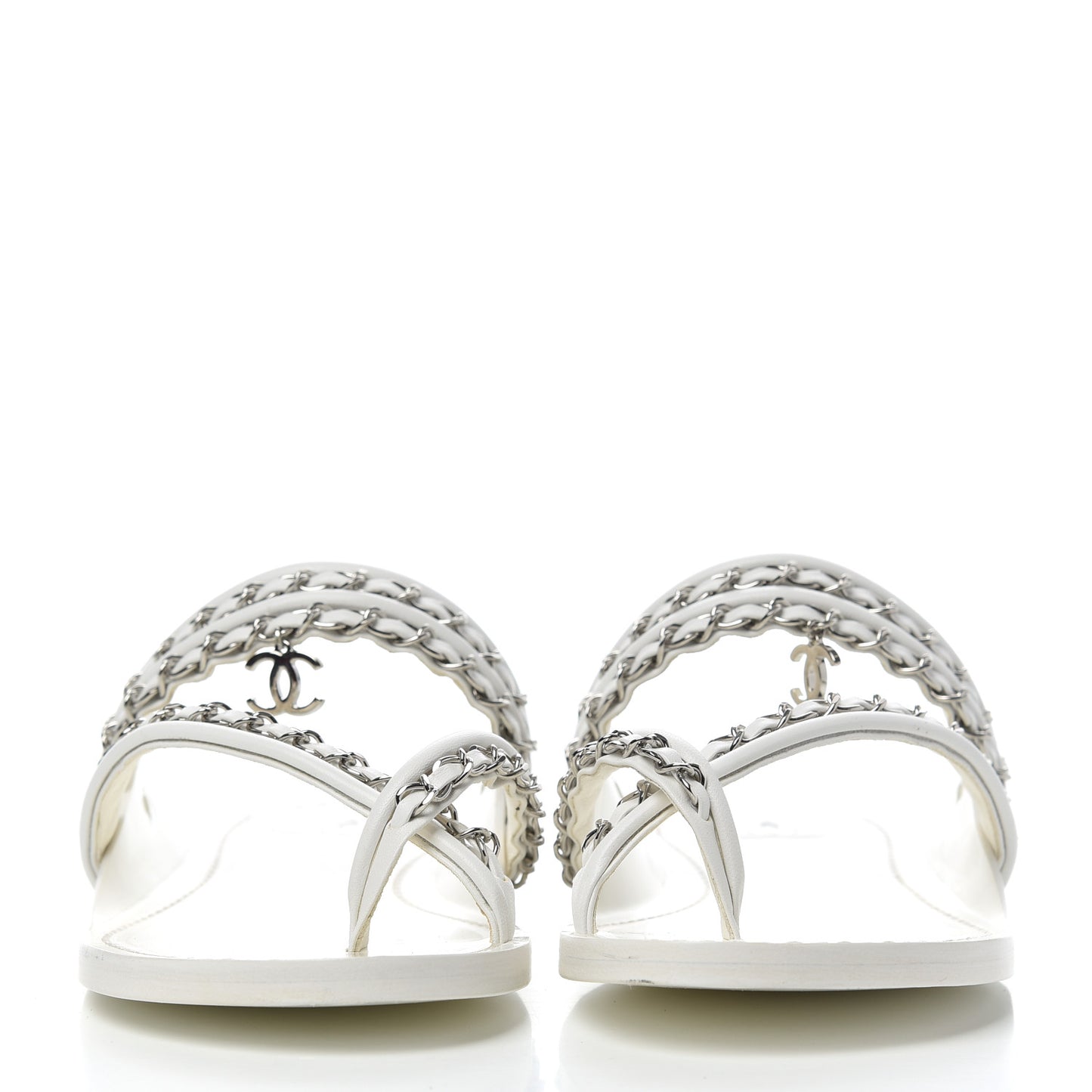 Calfskin Chain CC Thong Flat Sandals 41 White