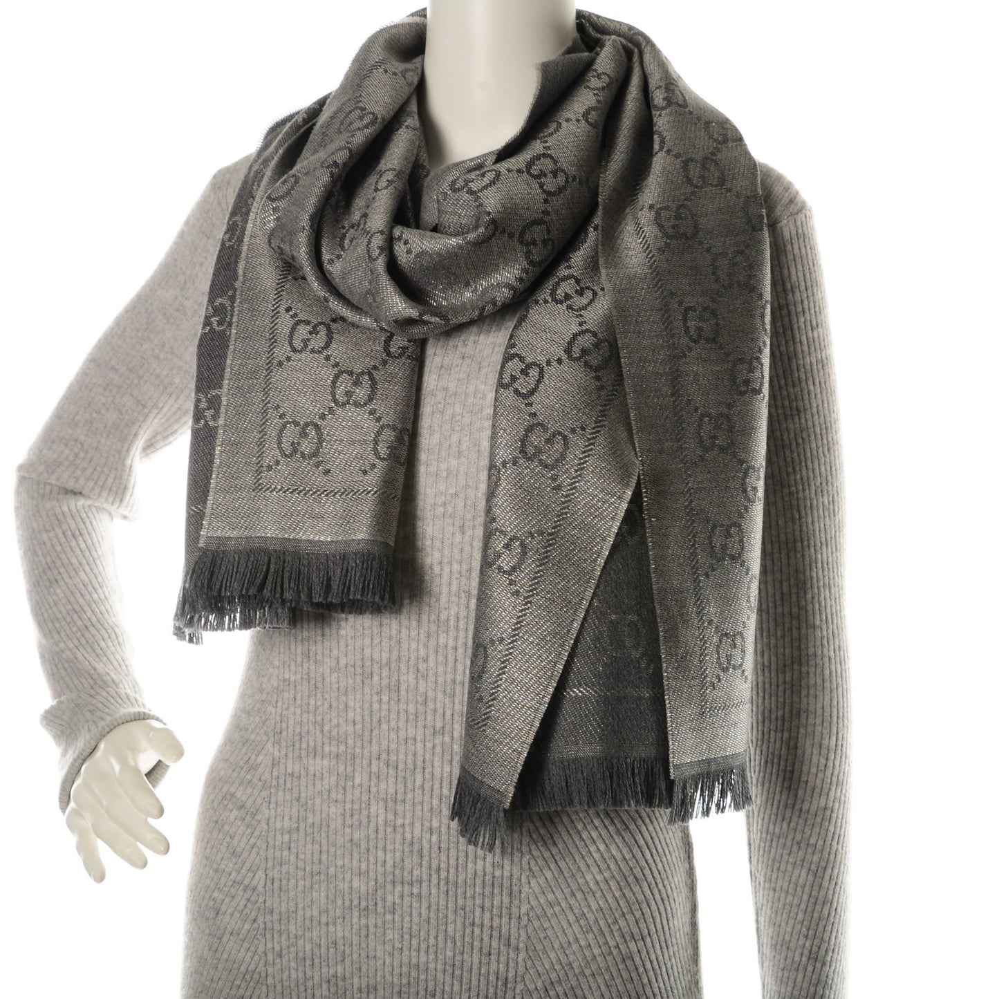 Wool Jacquard Monogram Fringe Scarf Grey