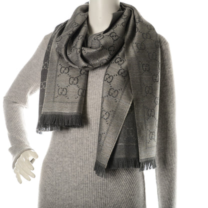 Gucci Wool Jacquard Monogram Fringe Scarf Grey 2 of 5