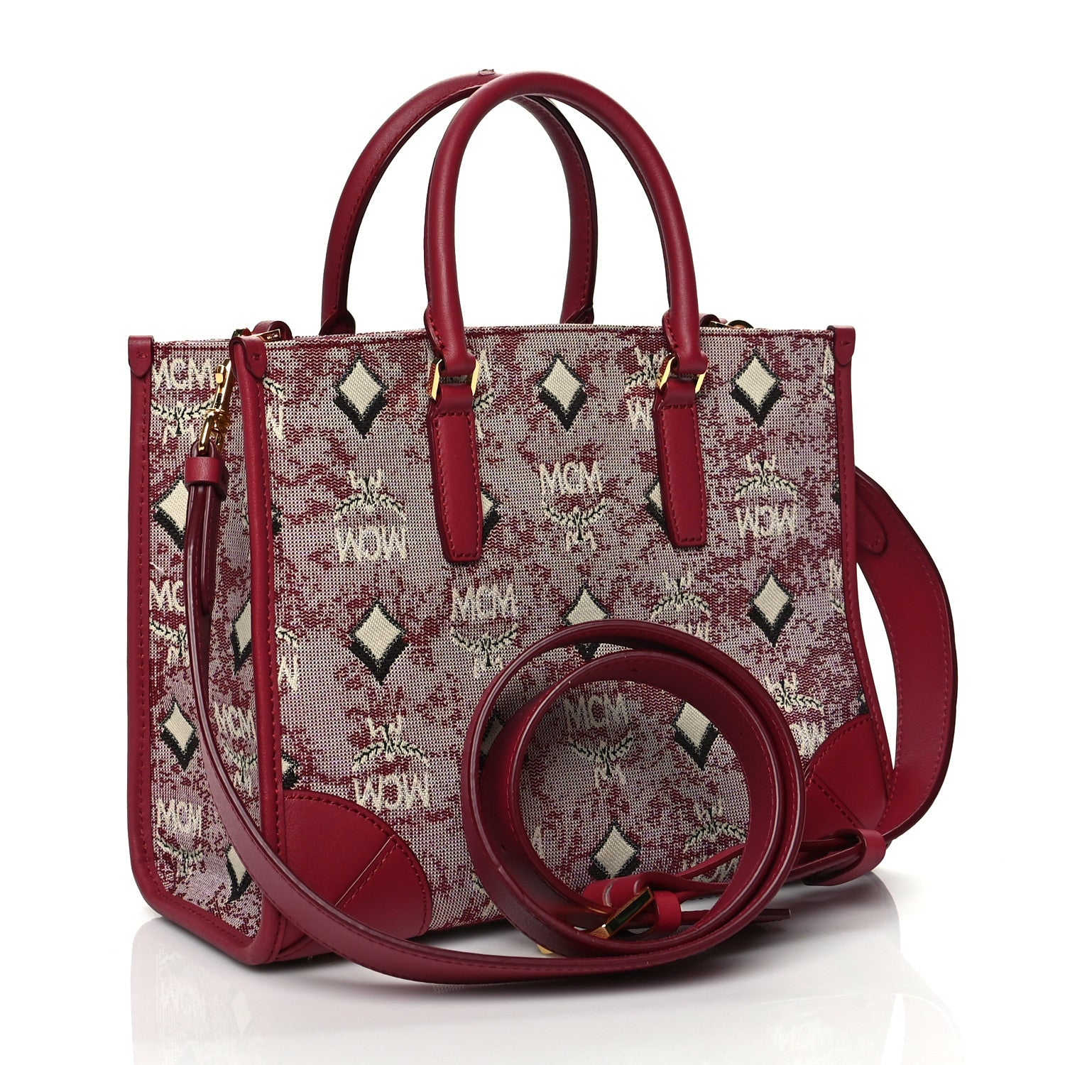 MCM Jacquard Monogram Small Tote Red 2 of 12