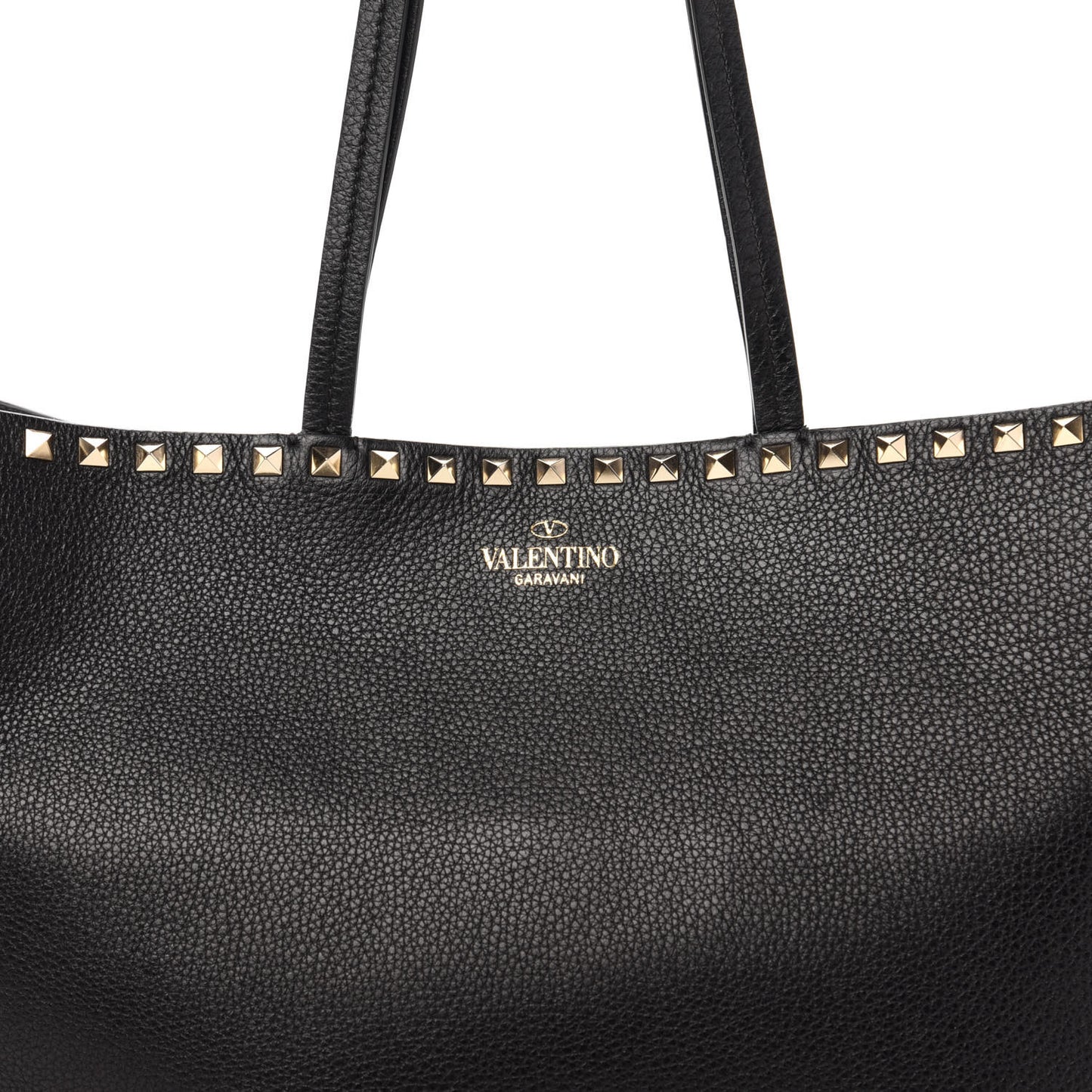 Grained Calfskin Rockstud Shoulder Tote Black
