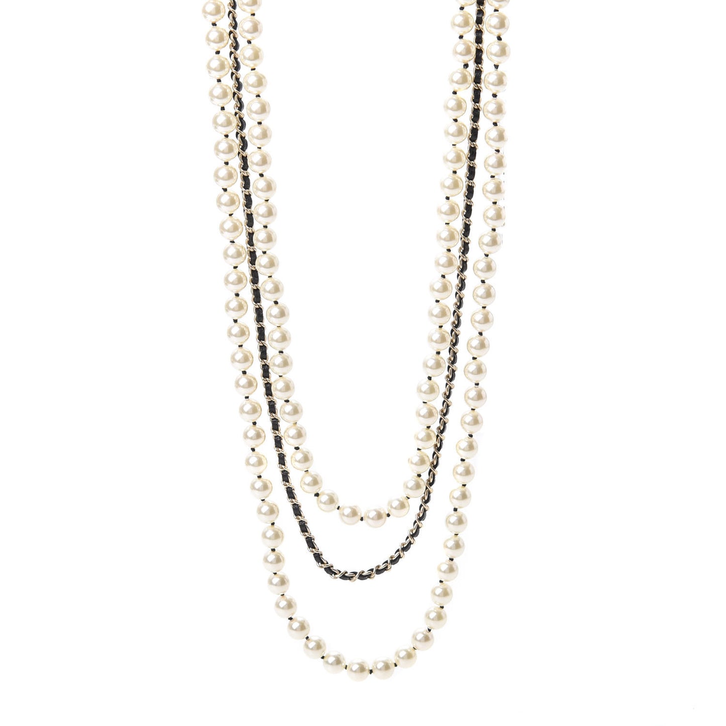 Lambskin Pearl Crystal CC Chain Necklace Black Gold
