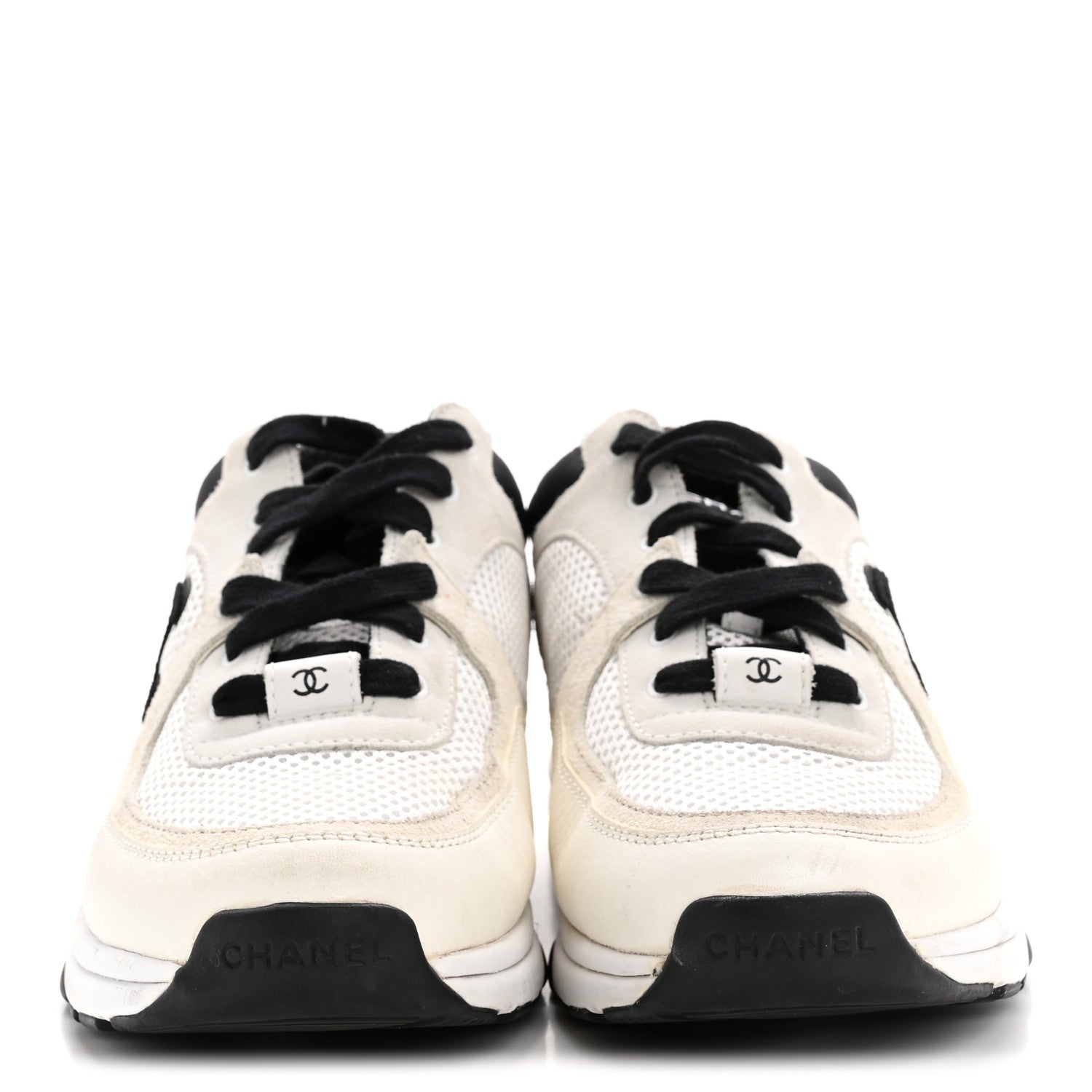 Chanel Mesh Suede Calfskin Grained Calfskin Womens CC Sneakers 38.5 White Black 3 of 10