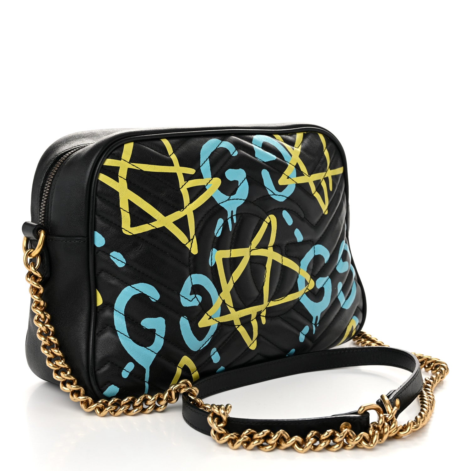 Gucci Calfskin Matelasse GucciGhost Medium GG Marmont Chain Shoulder Bag Black New Acquamarine 3 of 11