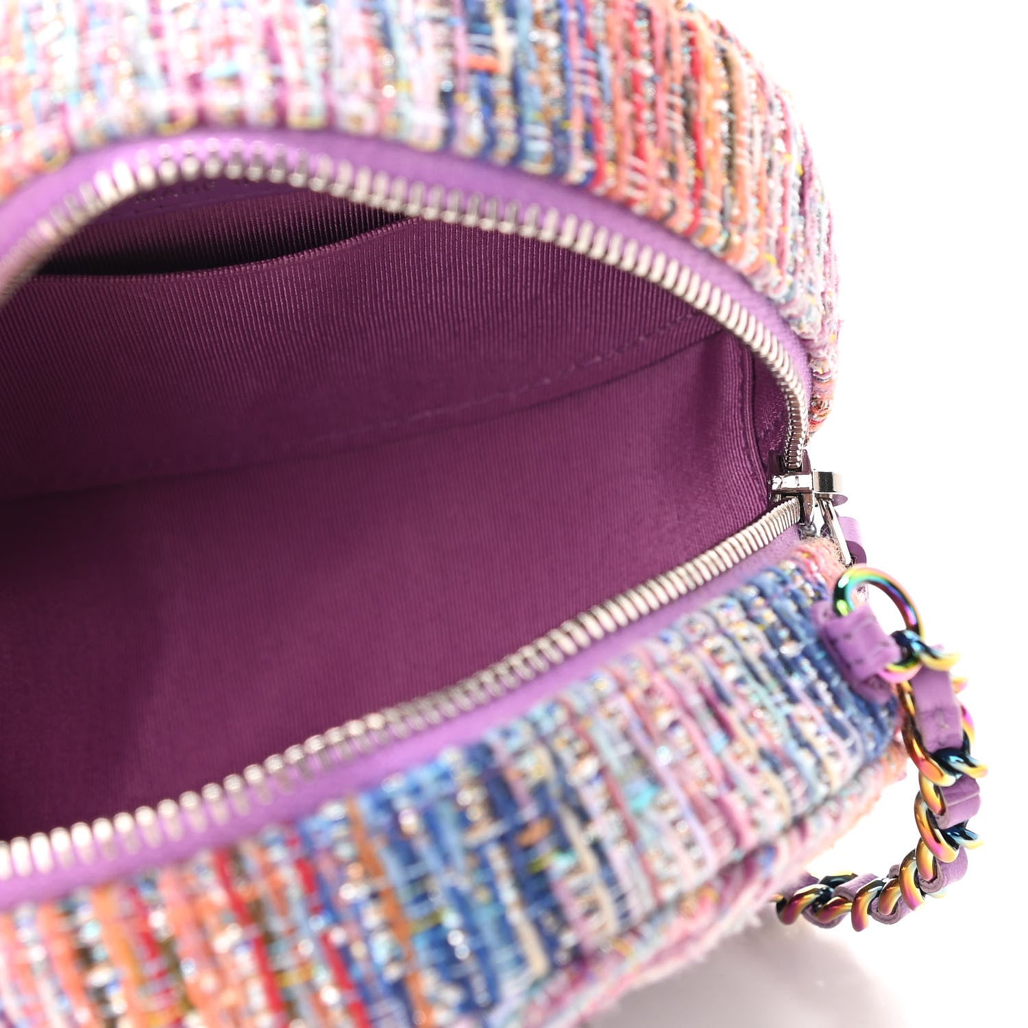 Chanel Tweed Quilted Round Clutch With Chain Blue Pink Orange 7 of 10