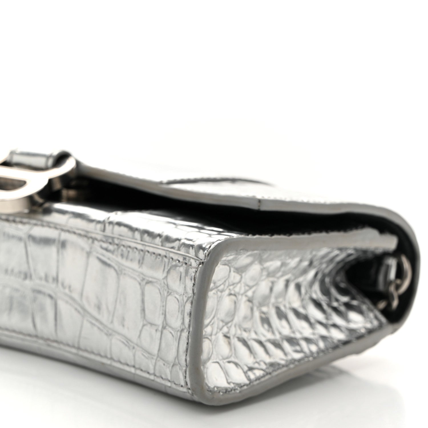 Balenciaga Metallic Calfskin Crocodile Embossed Hourglass Chain Bag Silver 9 of 10