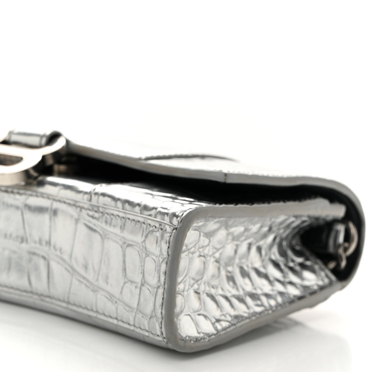 Metallic Calfskin Crocodile Embossed Hourglass Chain Bag Silver