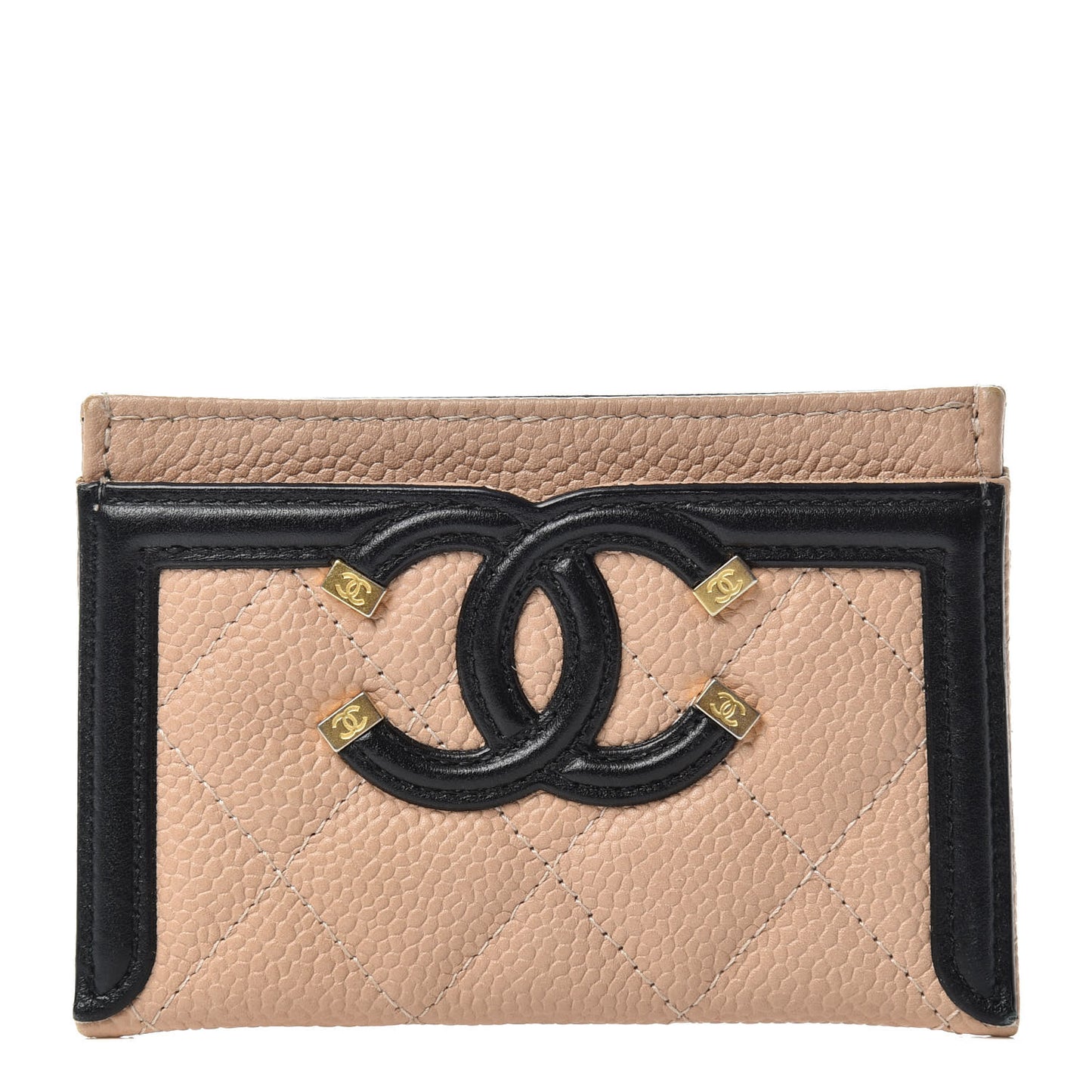 Caviar Quilted Filigree Card Holder Beige Black