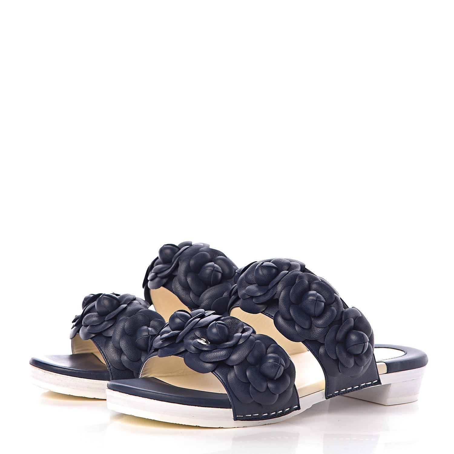Chanel Lambskin Camellia Sandals 37 Navy Blue 3 of 15