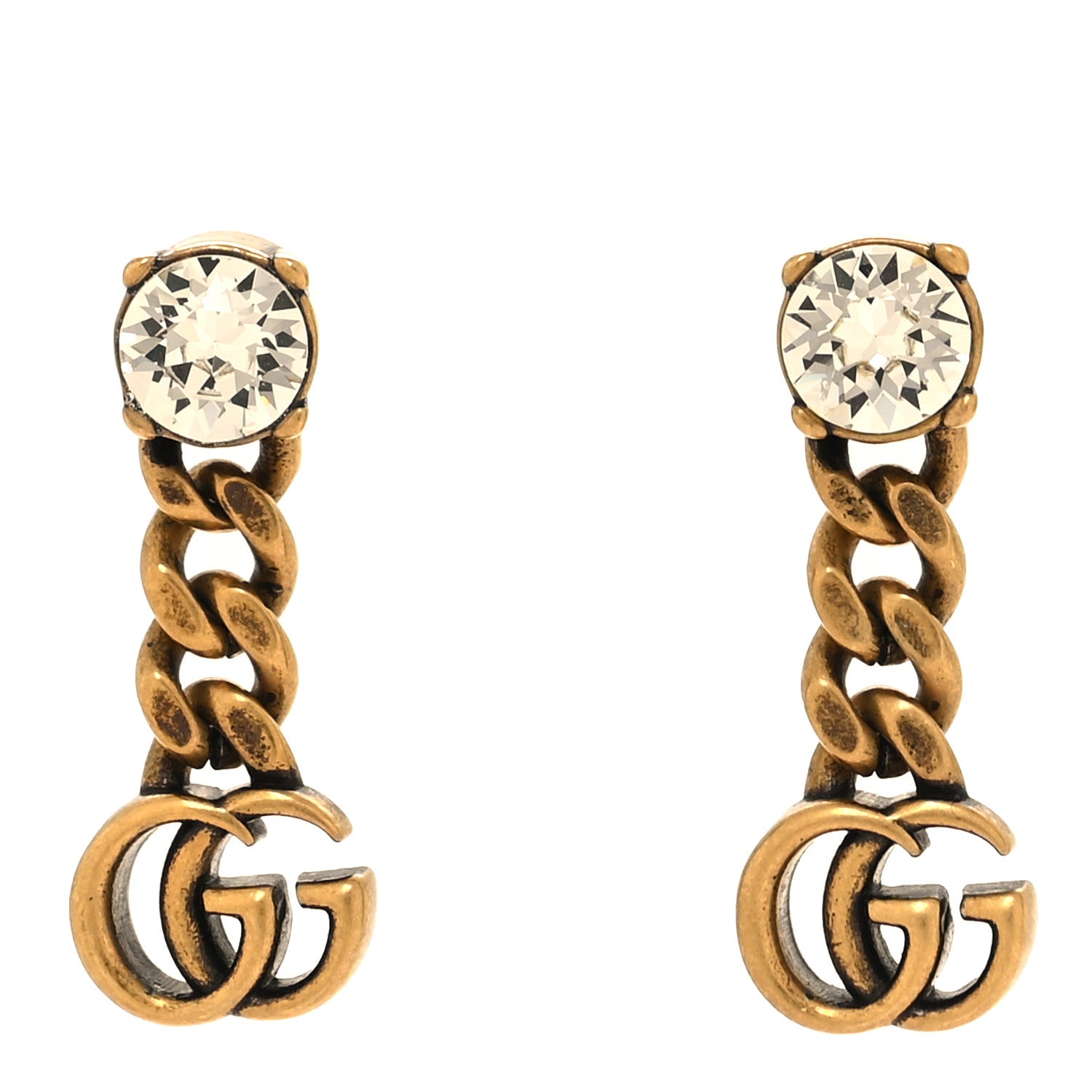 Gucci Metal Crystal Double G Chain Drop Earrings Aged Gold 1 of 4