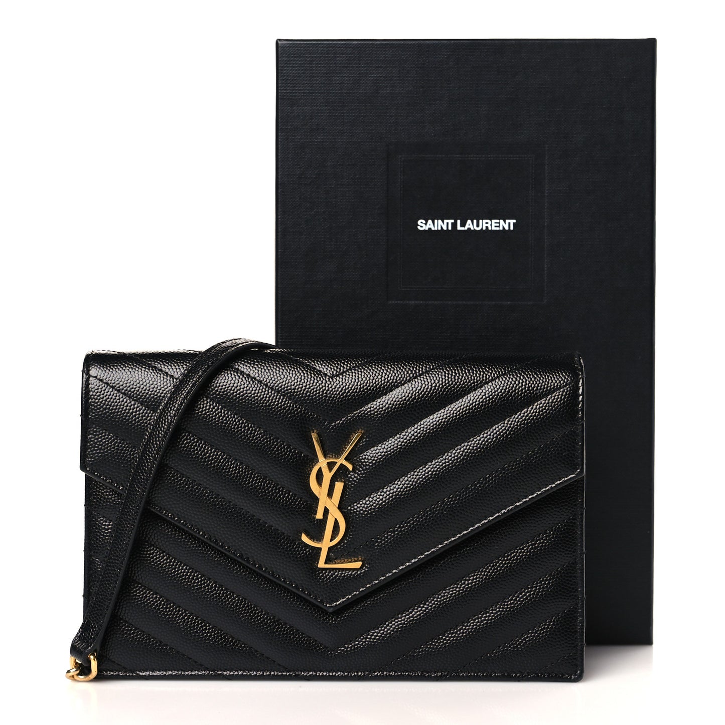 Grain De Poudre Matelasse Chevron Monogram Envelope Chain Wallet Black