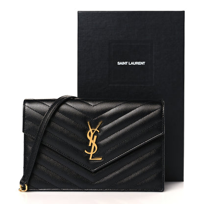 Saint Laurent Grain De Poudre Matelasse Chevron Monogram Envelope Chain Wallet Black 9 of 9