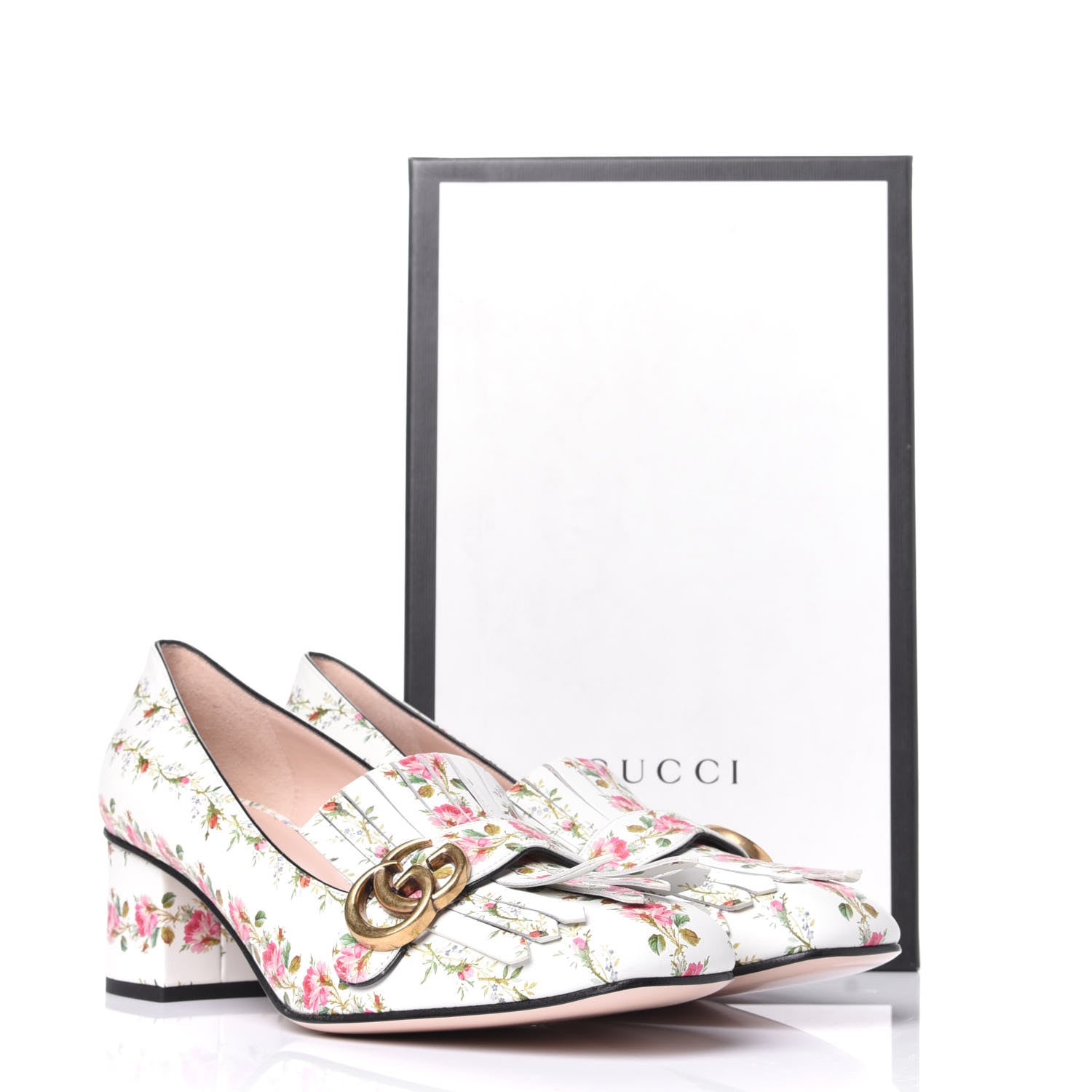 Gucci Calfskin Rose Print GG Marmont Fringe 50mm Loafer Pumps 41.5 Multicolor 10 of 10