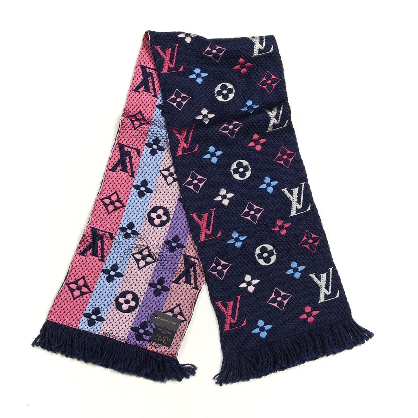 Wool Silk Rainbow Logomania Scarf Navy