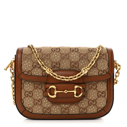 Gucci New Canvas Charisma Calfskin Crystal GG Monogram Mini Horsebit 1955 Shoulder Bag Camel Ebony 1 of 14