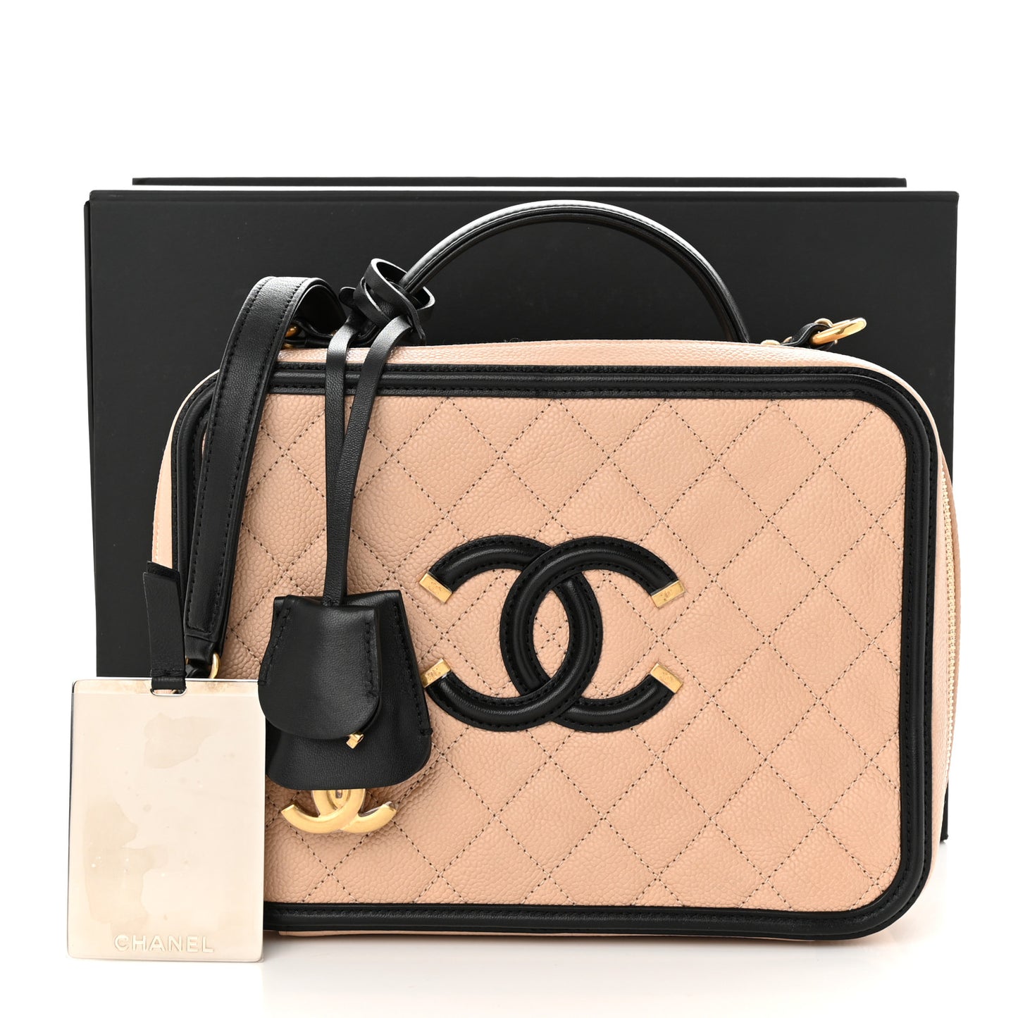 Caviar Quilted Large CC Filigree Vanity Case Beige Black