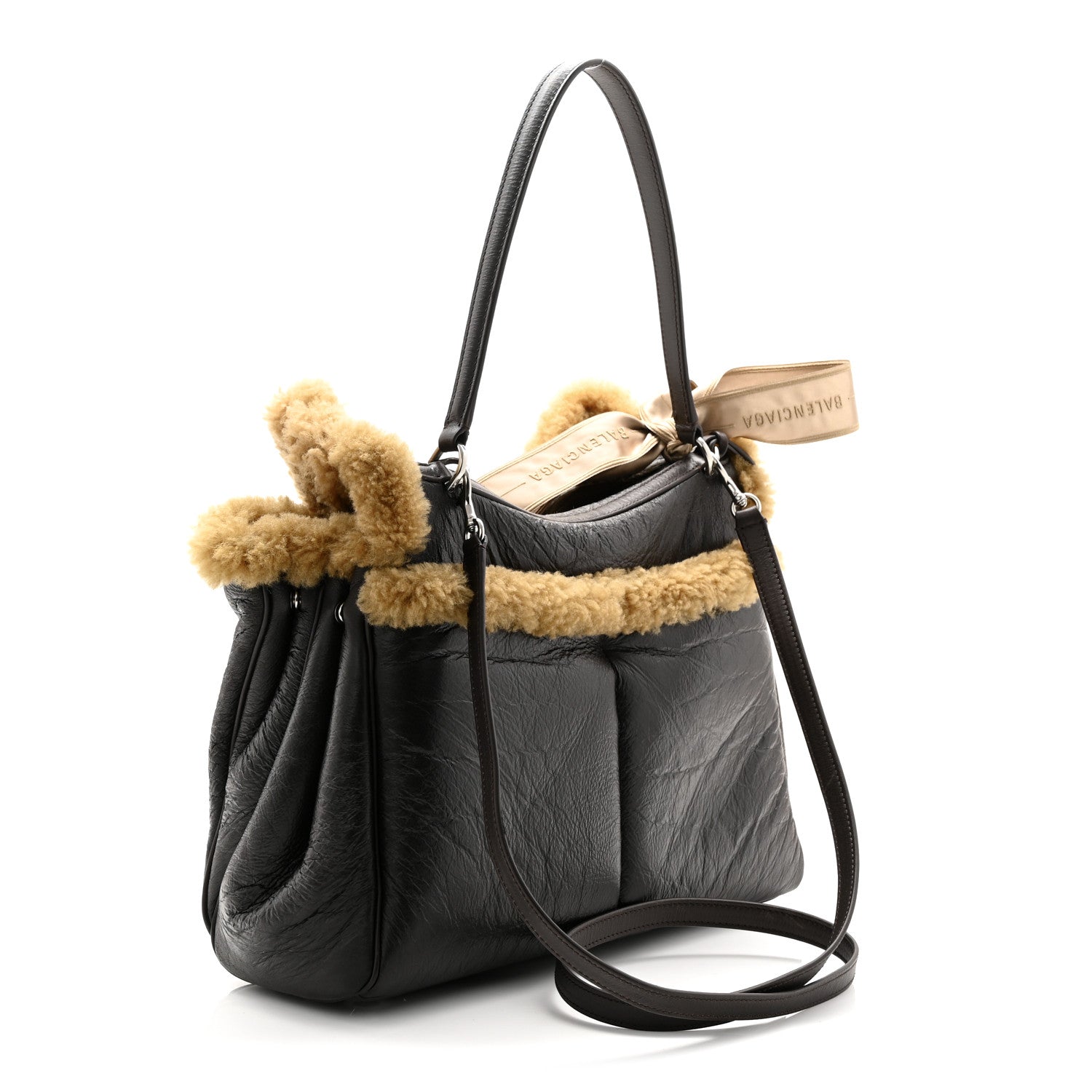 Balenciaga Crushed Calfskin Shearling Medium Rodeo Top Handle Handbag Brown Beige 3 of 10
